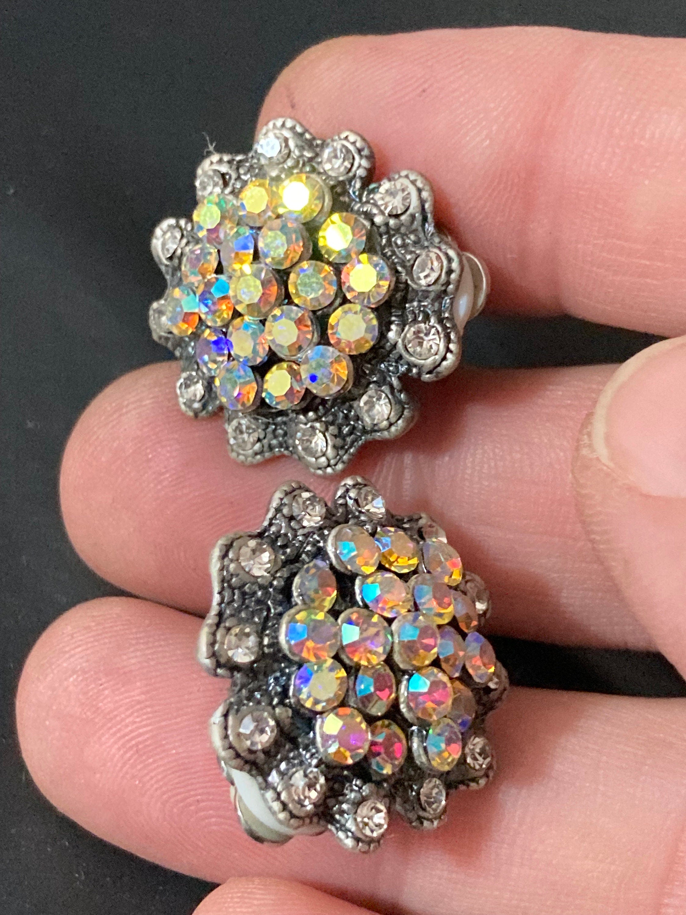 Retro rainbow AB Aurora borealis diamanté Silver Tone Clip On Earrings