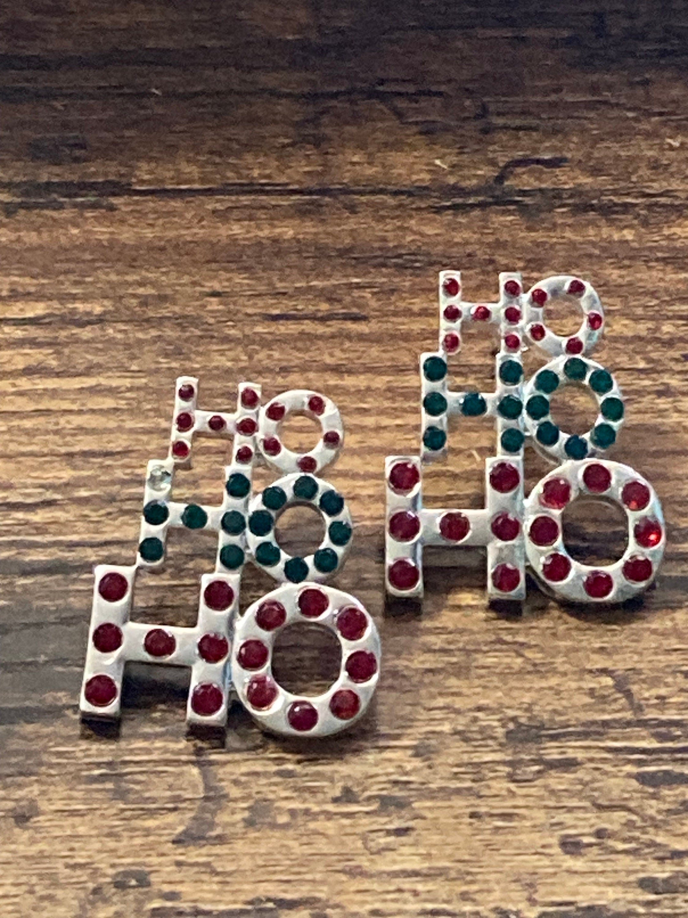 Retro silver tone tea and green  diamanté novelty HO HO HO chriatmas stud earrings for pierced ears