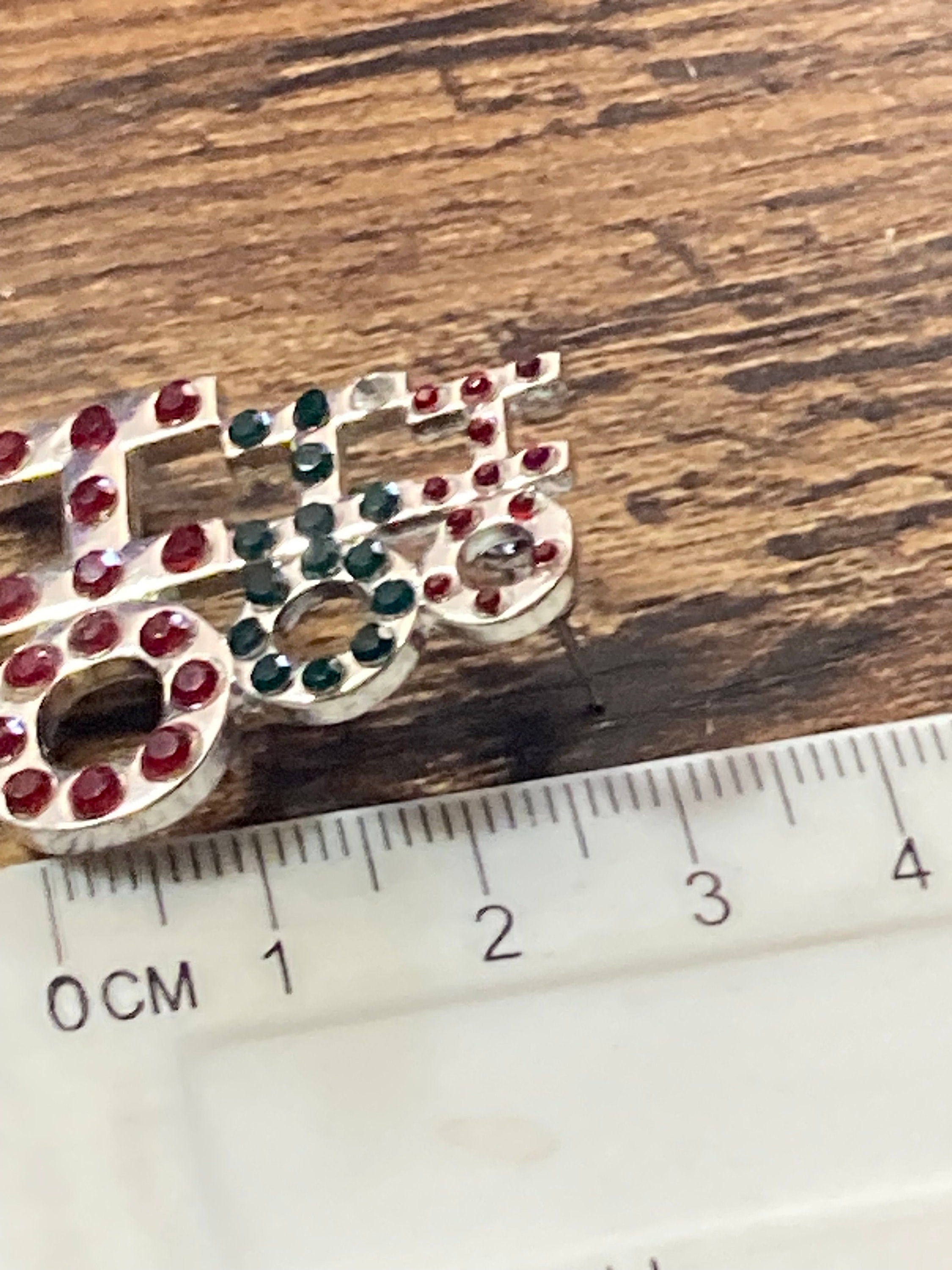 Retro silver tone tea and green  diamanté novelty HO HO HO chriatmas stud earrings for pierced ears