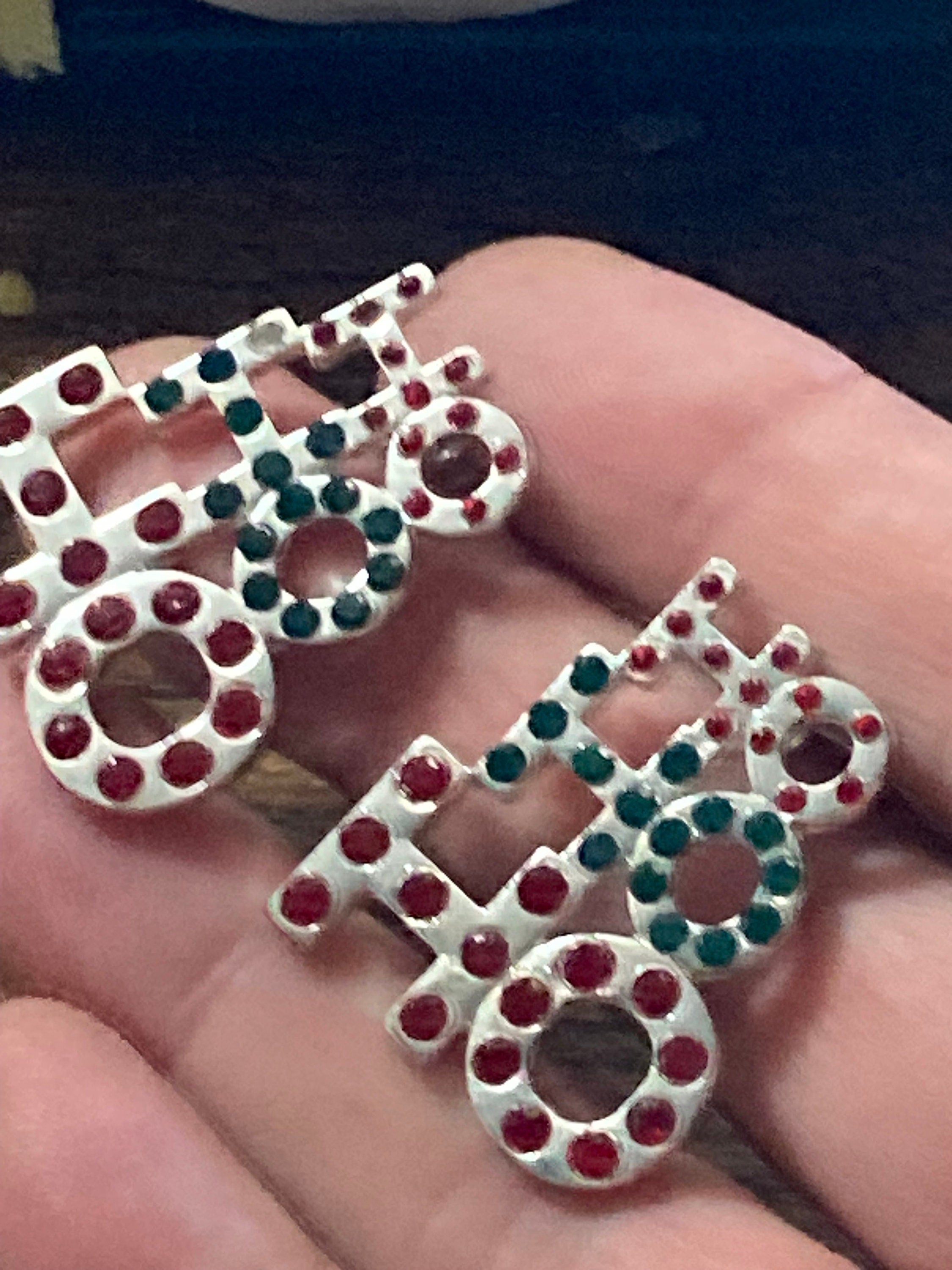 Retro silver tone tea and green  diamanté novelty HO HO HO chriatmas stud earrings for pierced ears