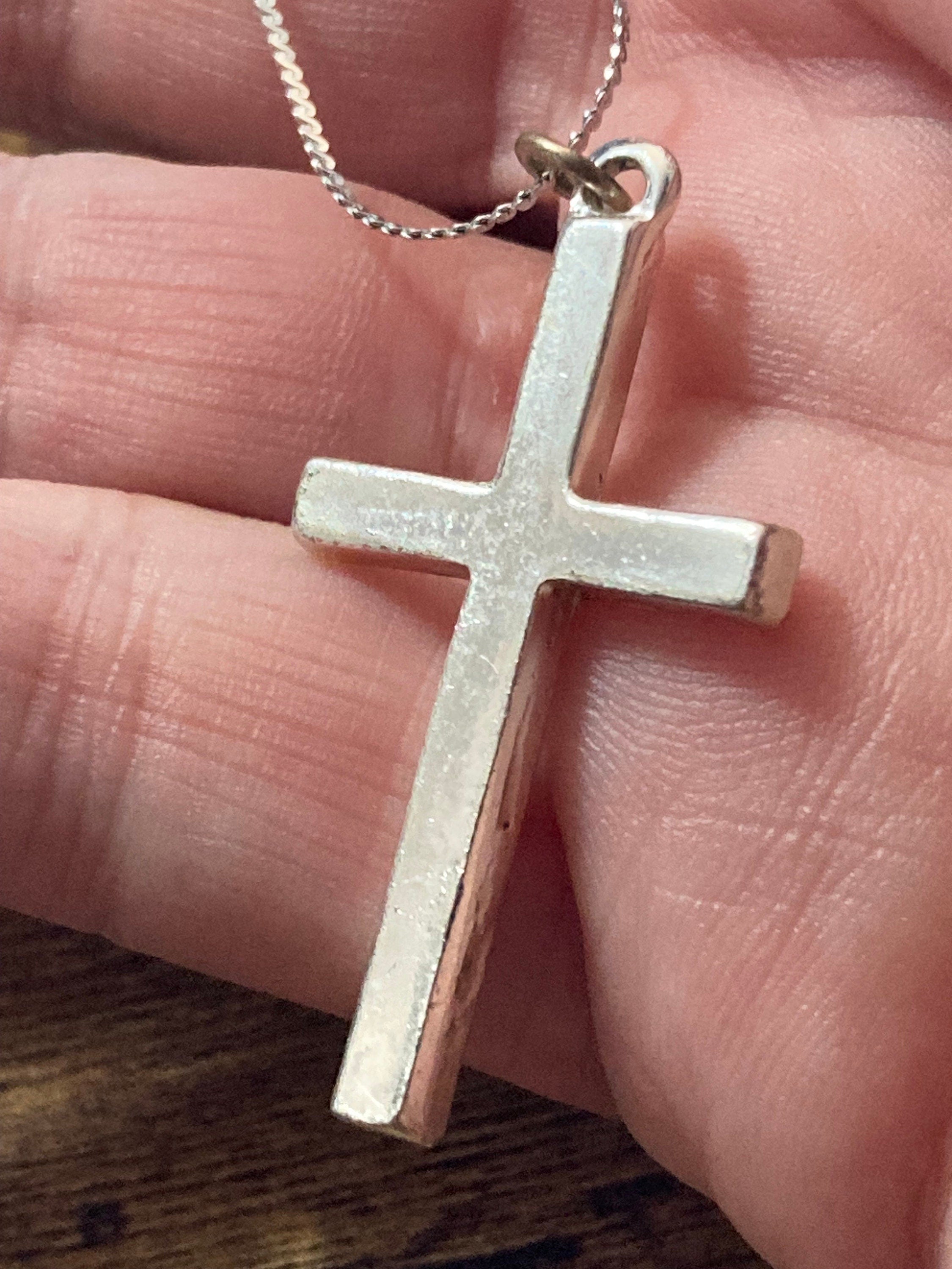 Retro Silver Tone diamanté cross pendant Necklace on 48cm stainless steel chain