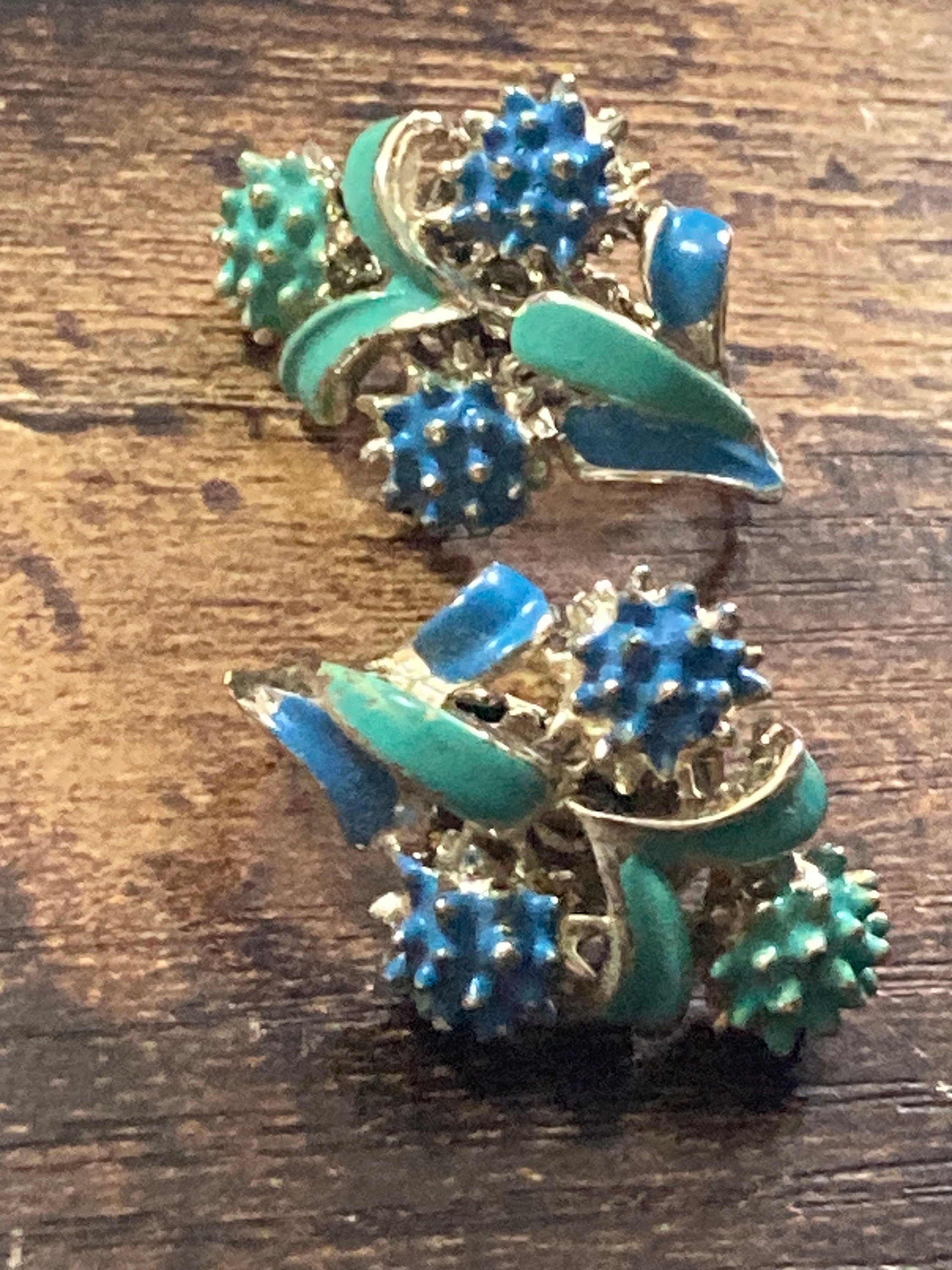 vintage Blue green enamel floral Clip on earrings