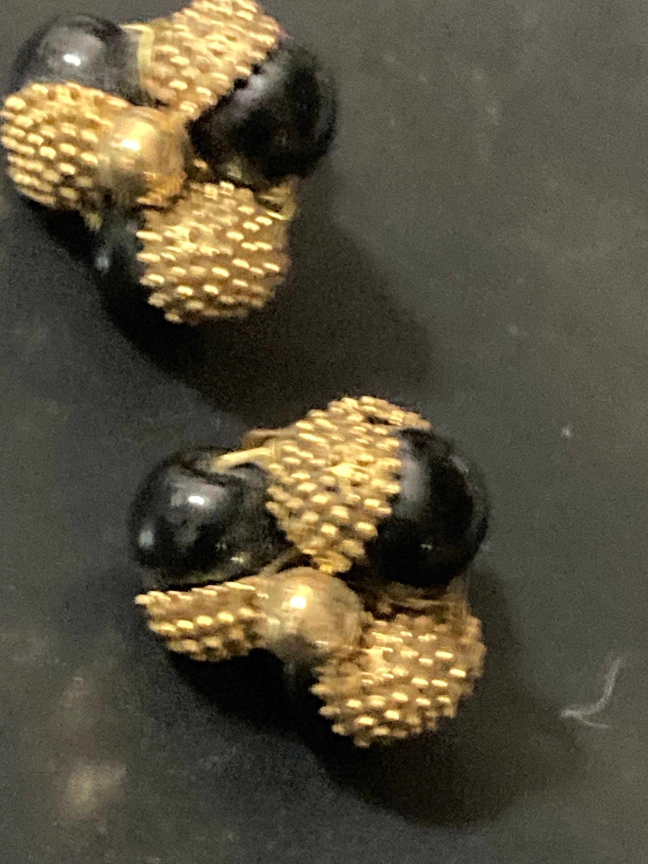 Vintage mid century Gold tone black glass beaded cluster stud clip on earrings
