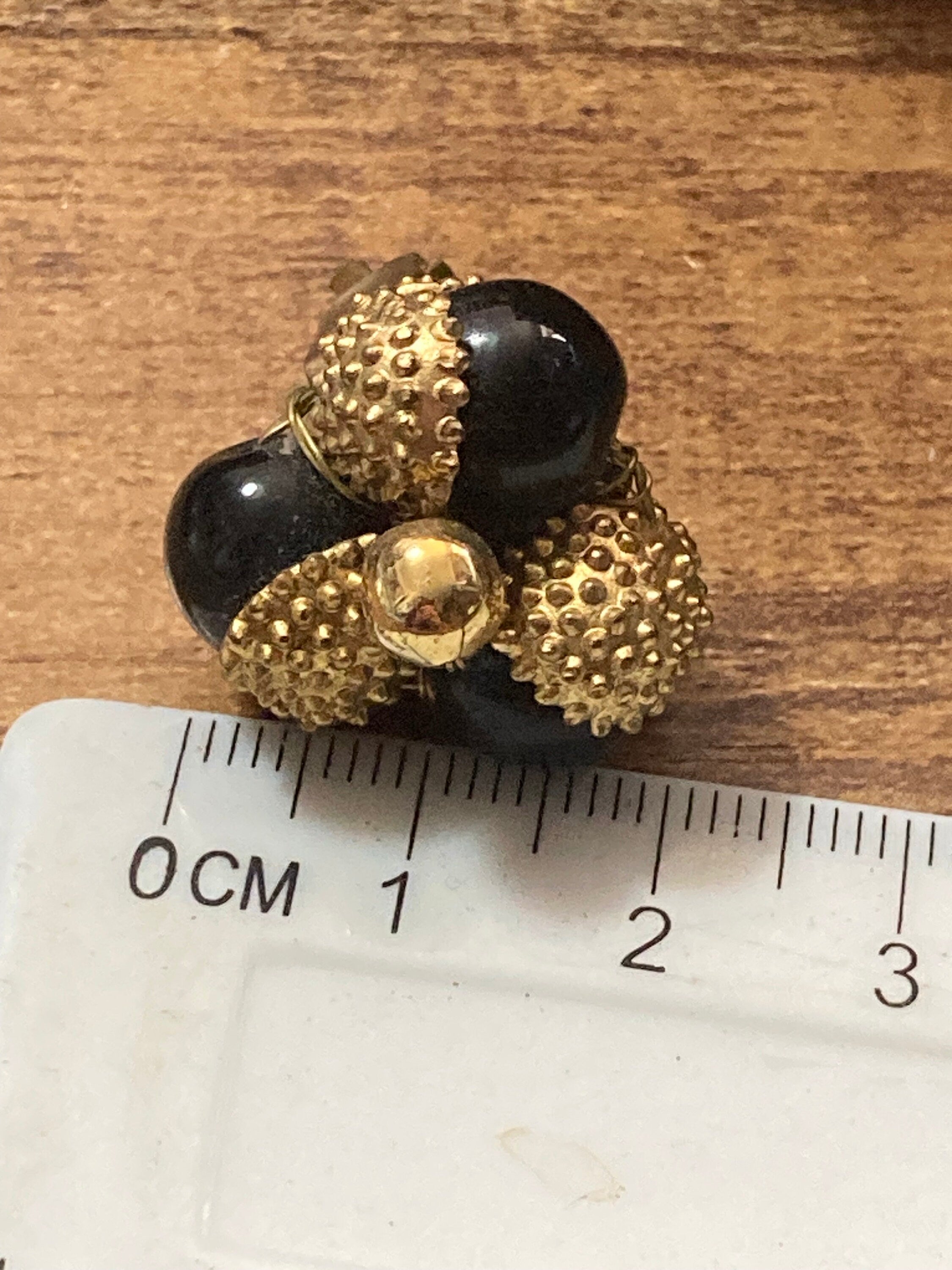 Vintage mid century Gold tone black glass beaded cluster stud clip on earrings
