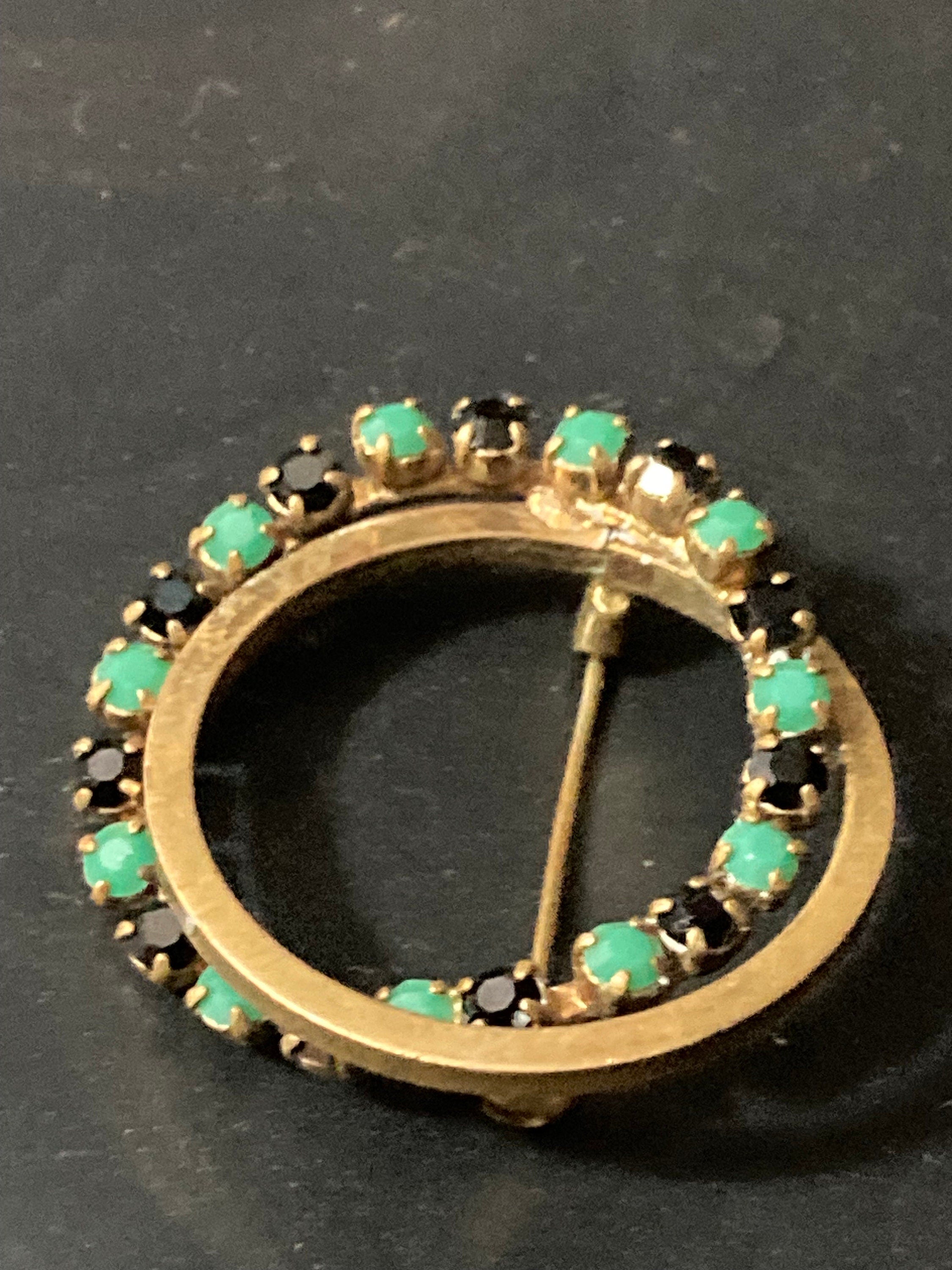 vintage gold tone black and turquoise diamanté abstract  round brooch 1970s