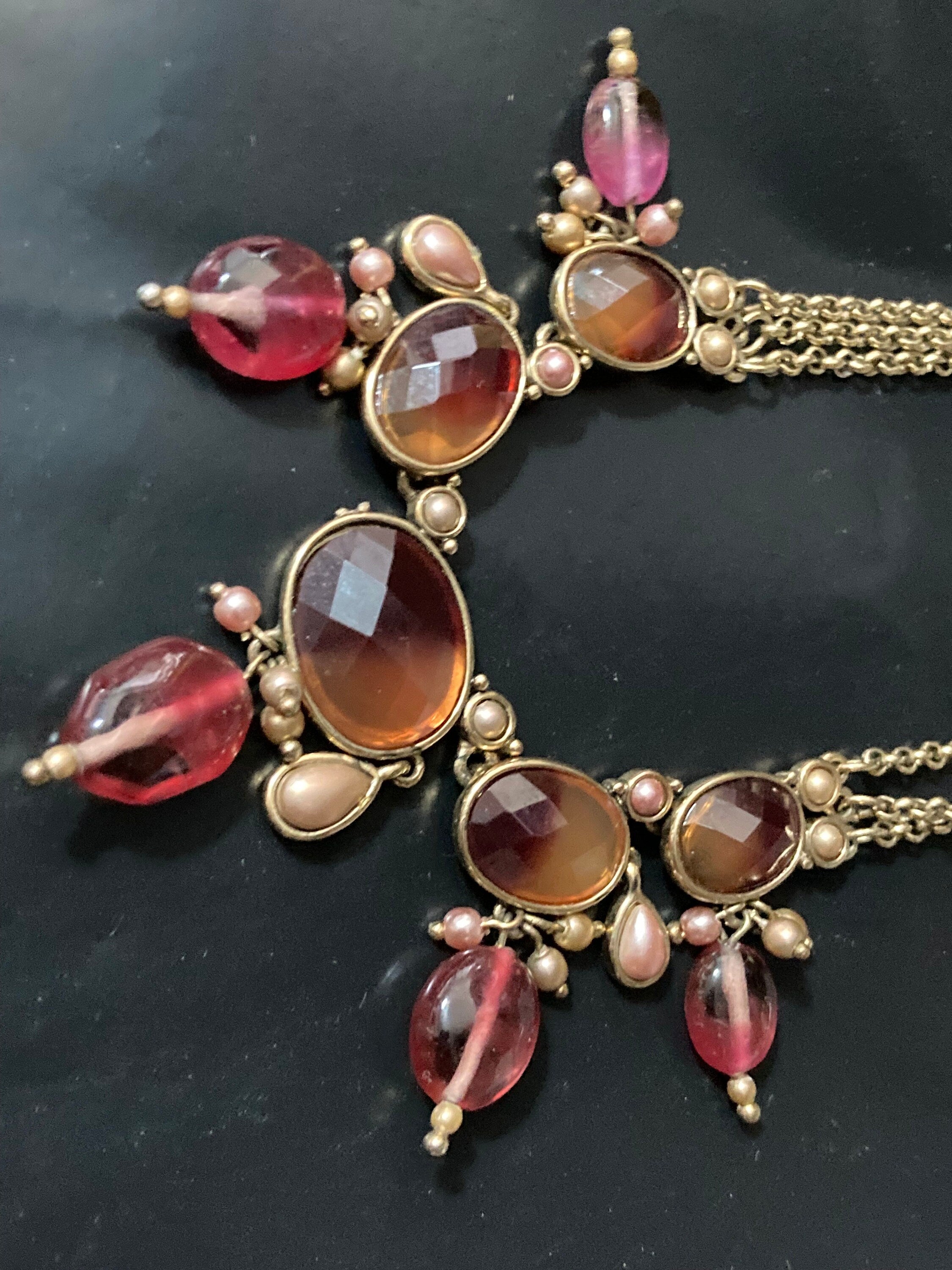 signed MONET red brown pink autumnal beaded bib drop necklace