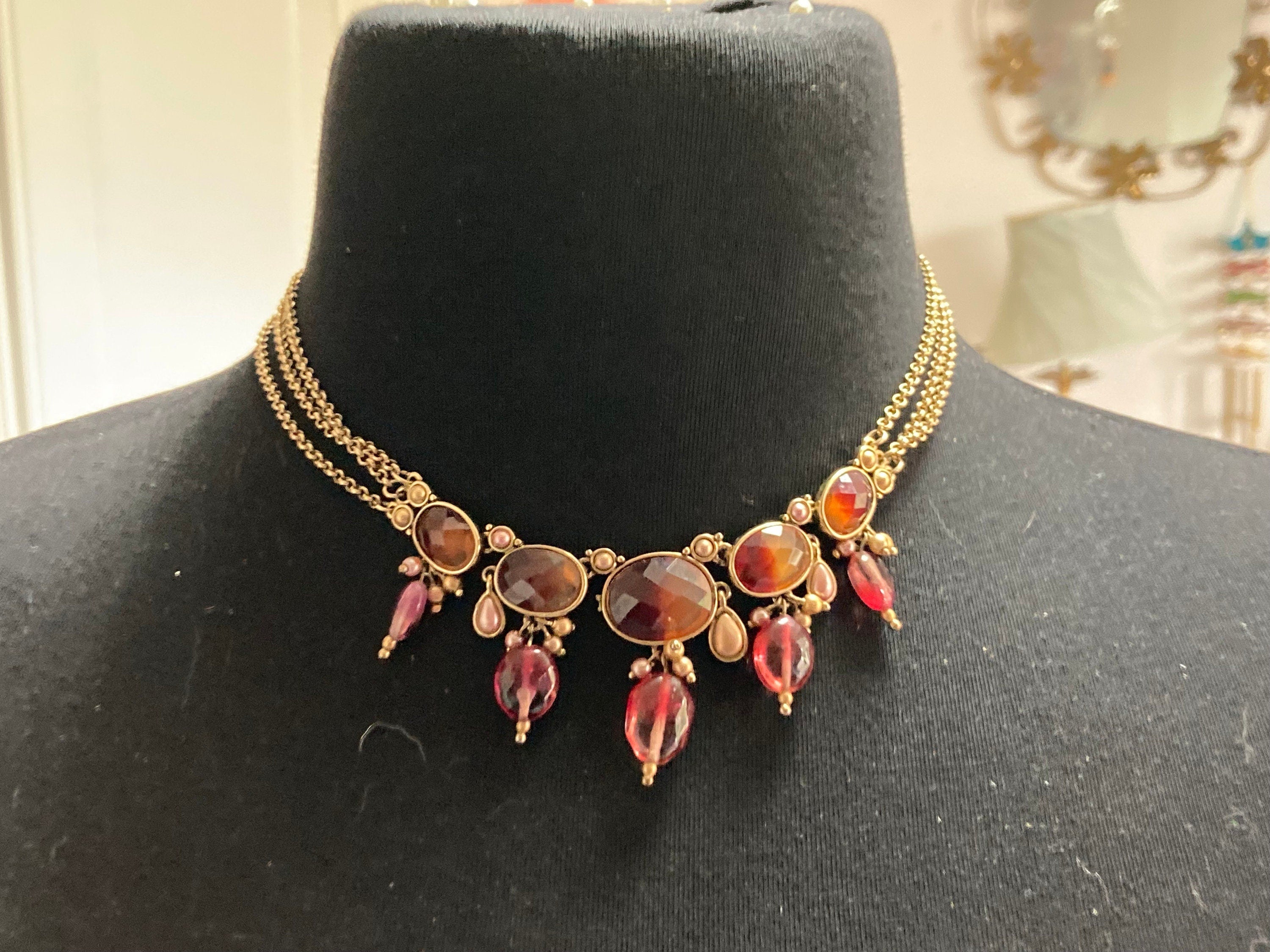 signed MONET red brown pink autumnal beaded bib drop necklace