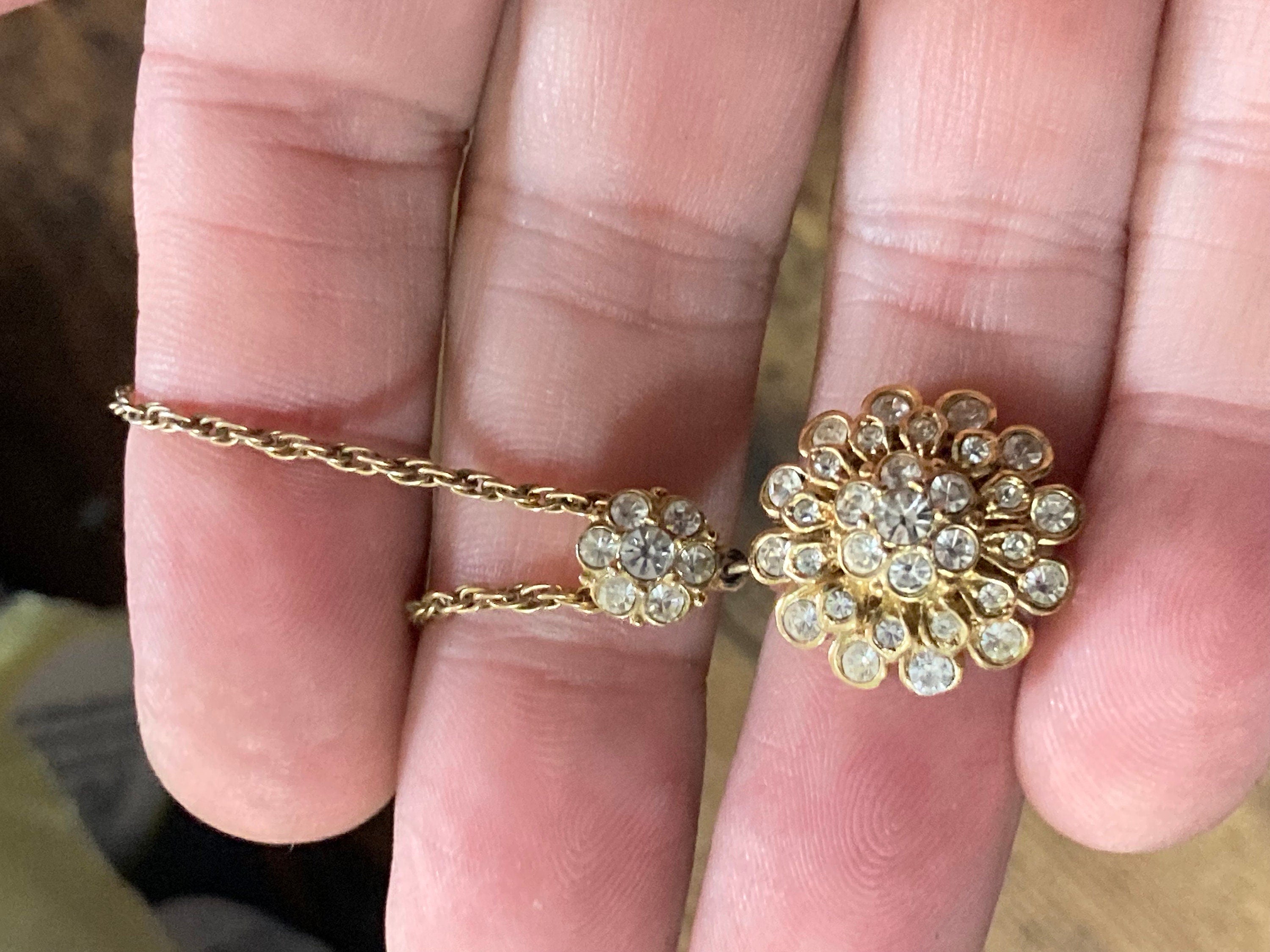 Signed vintage A&S Attwood and Sawyer diamanté rhinestone clear crystal drop necklace gold tone