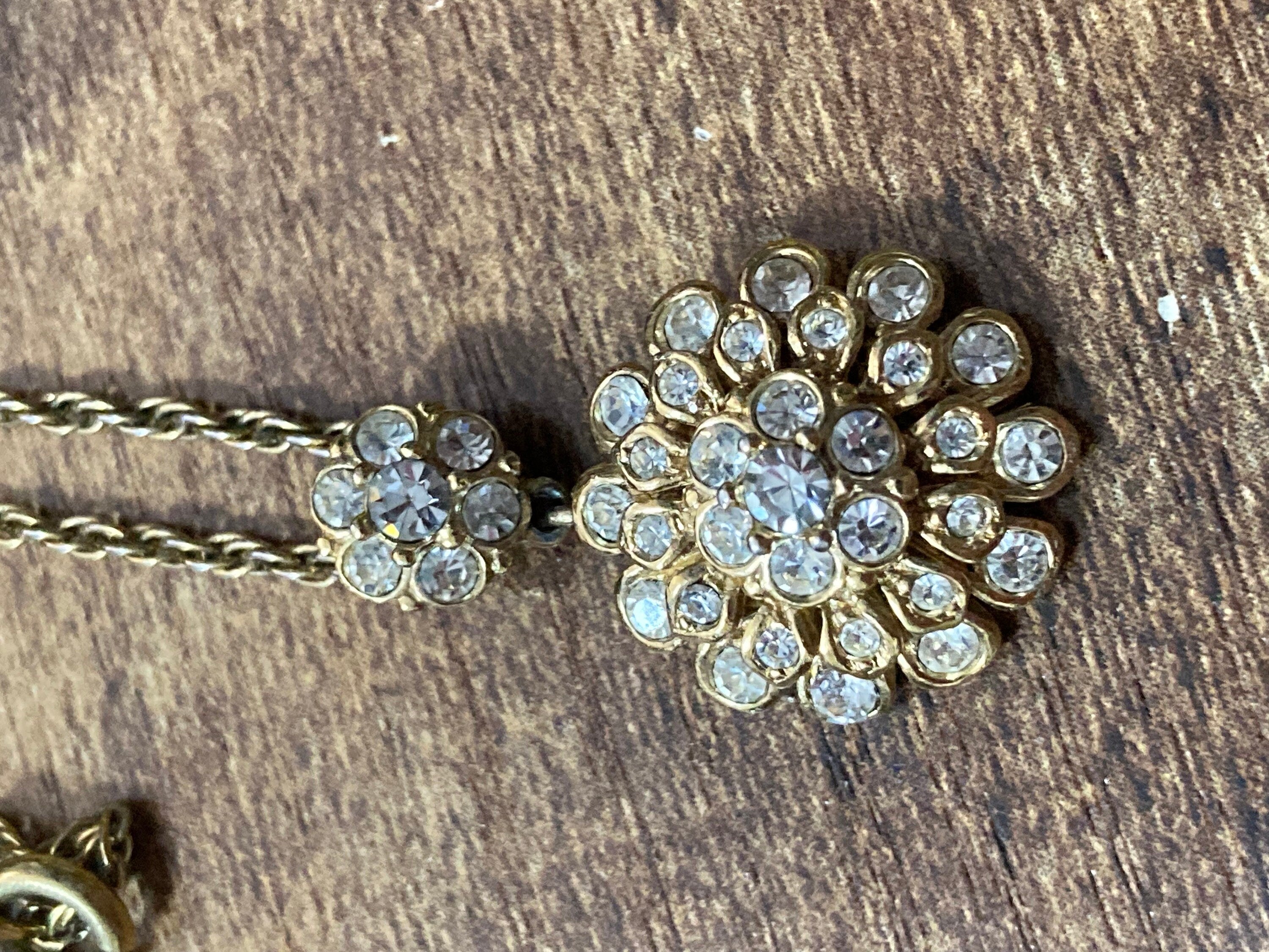 Signed vintage A&S Attwood and Sawyer diamanté rhinestone clear crystal drop necklace gold tone