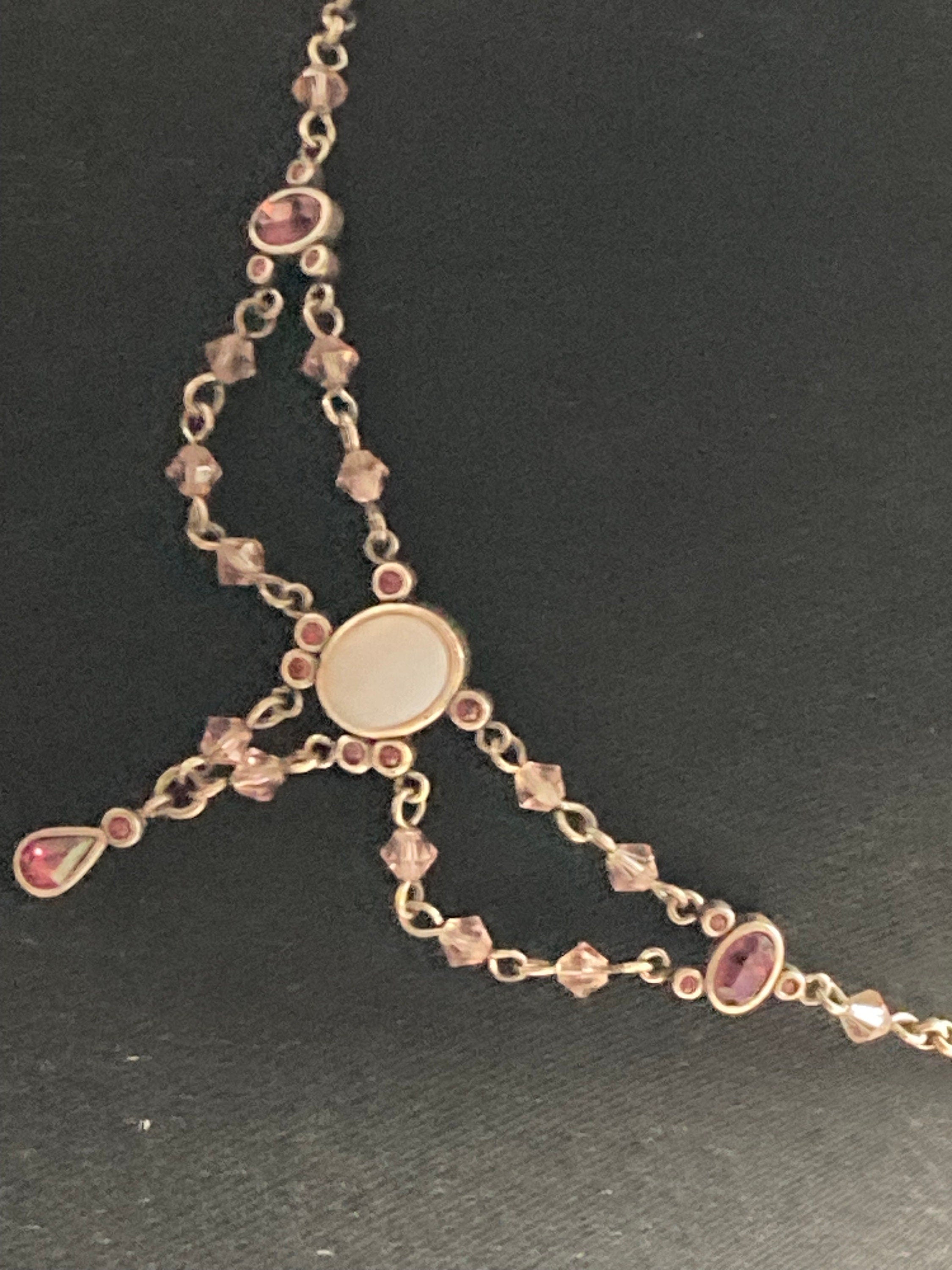 Signed AGATHA PARIS silver tone Latinate drop chain necklace with pink purple diamanté