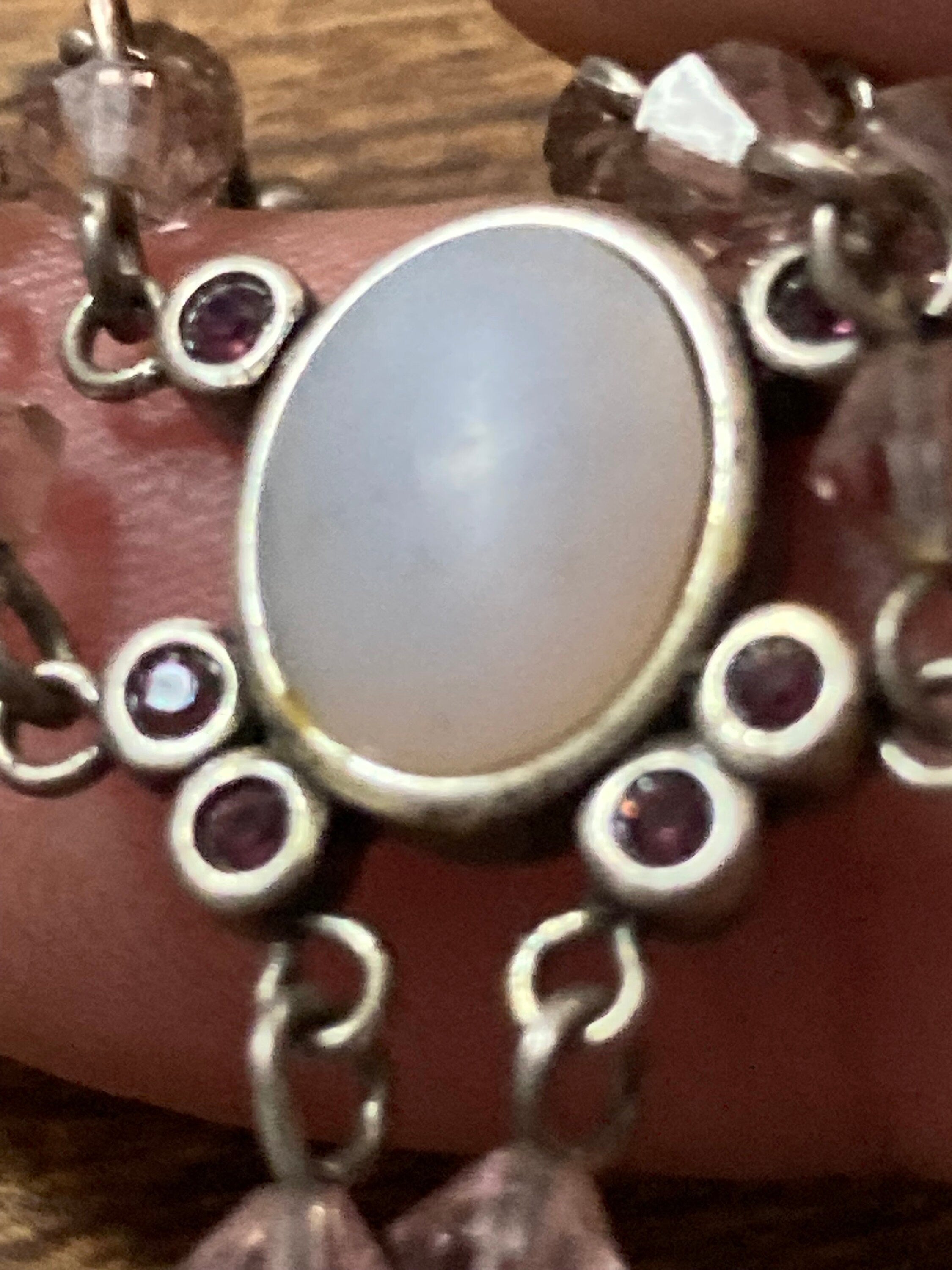 Signed AGATHA PARIS silver tone Latinate drop chain necklace with pink purple diamanté