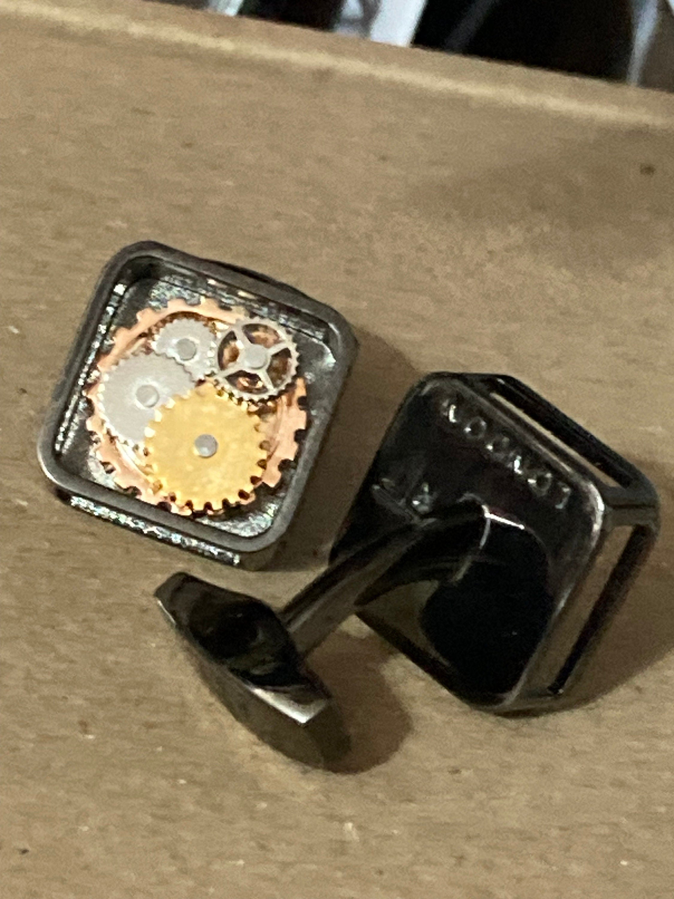 Designer RTT London Tateossion modernist square cufflinks dark grey gunmetal silver tone retro watch parts cogs steampunk
