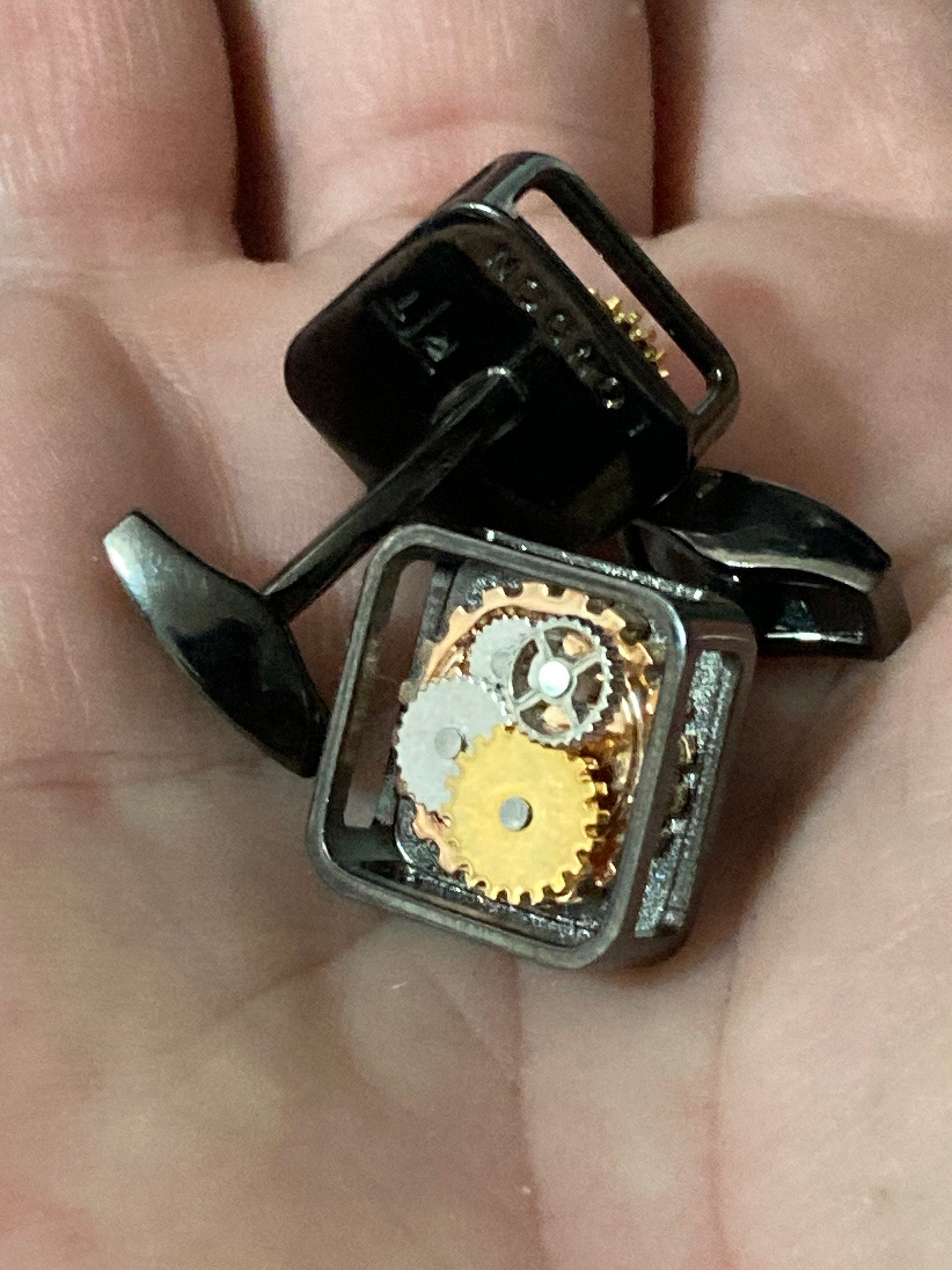 Designer RTT London Tateossion modernist square cufflinks dark grey gunmetal silver tone retro watch parts cogs steampunk