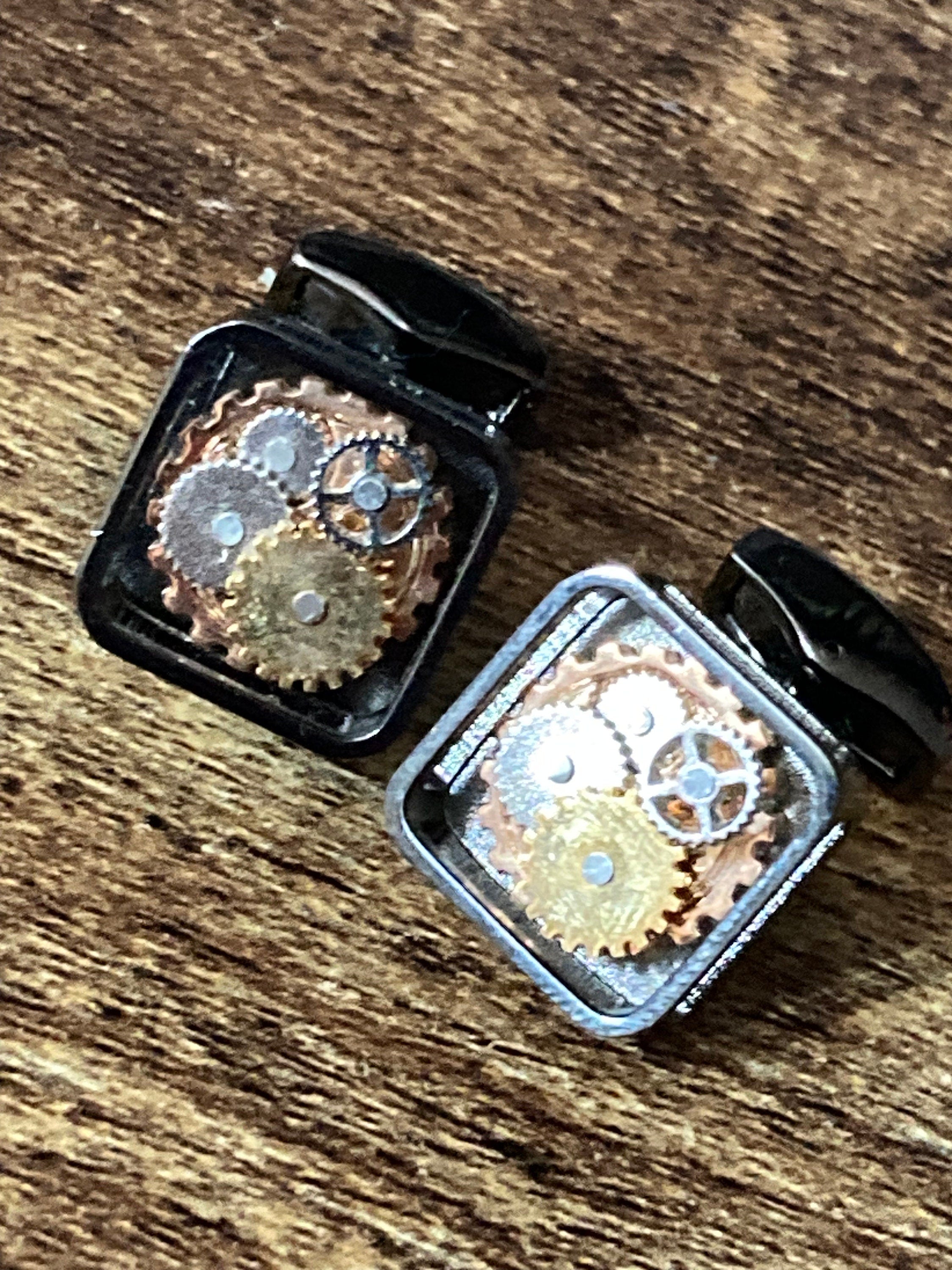 Designer RTT London Tateossion modernist square cufflinks dark grey gunmetal silver tone retro watch parts cogs steampunk
