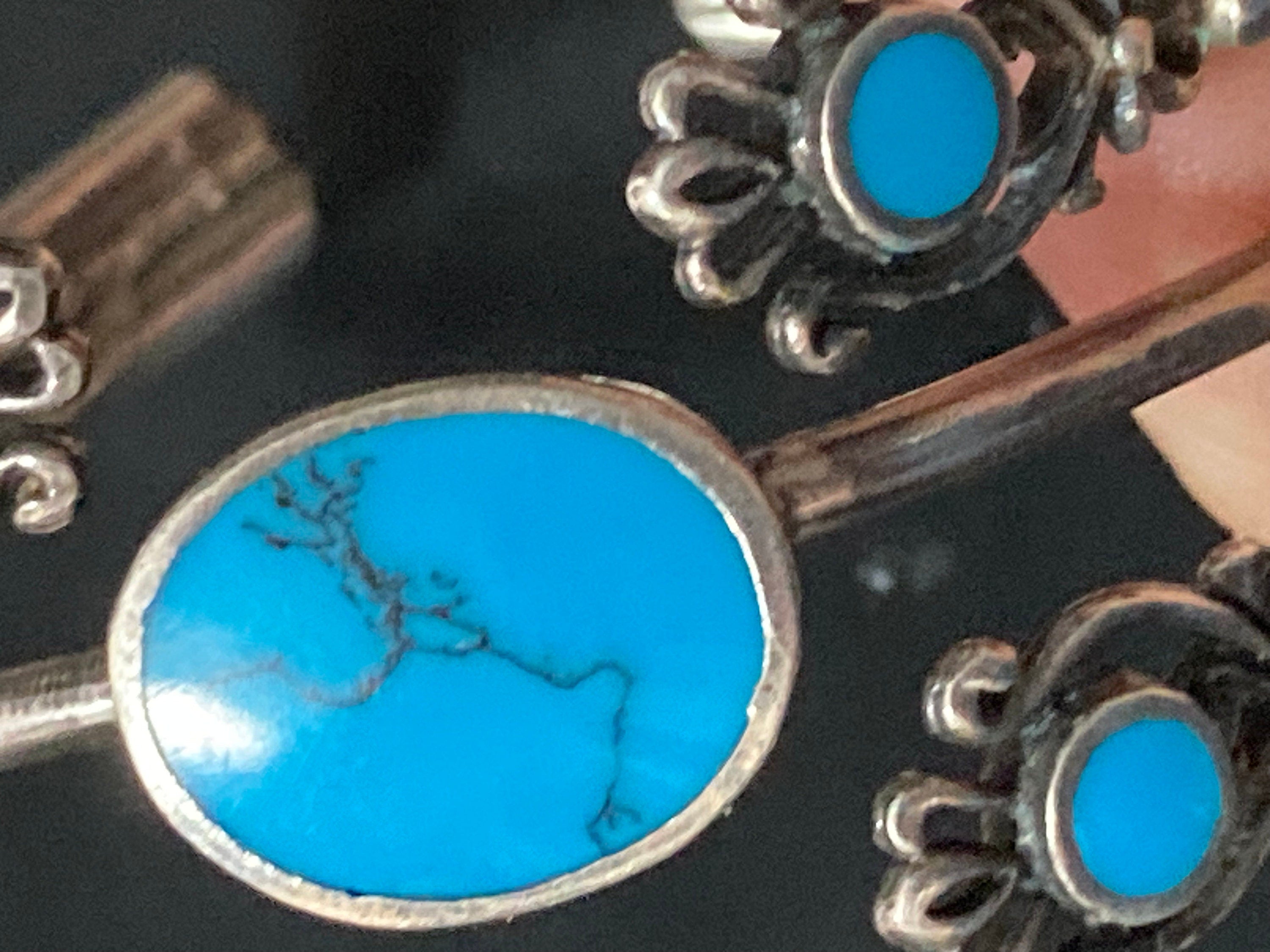 Vintage south western 925 Sterling silver gem set with turquoise gemstones wide 3 row bangle bracelet