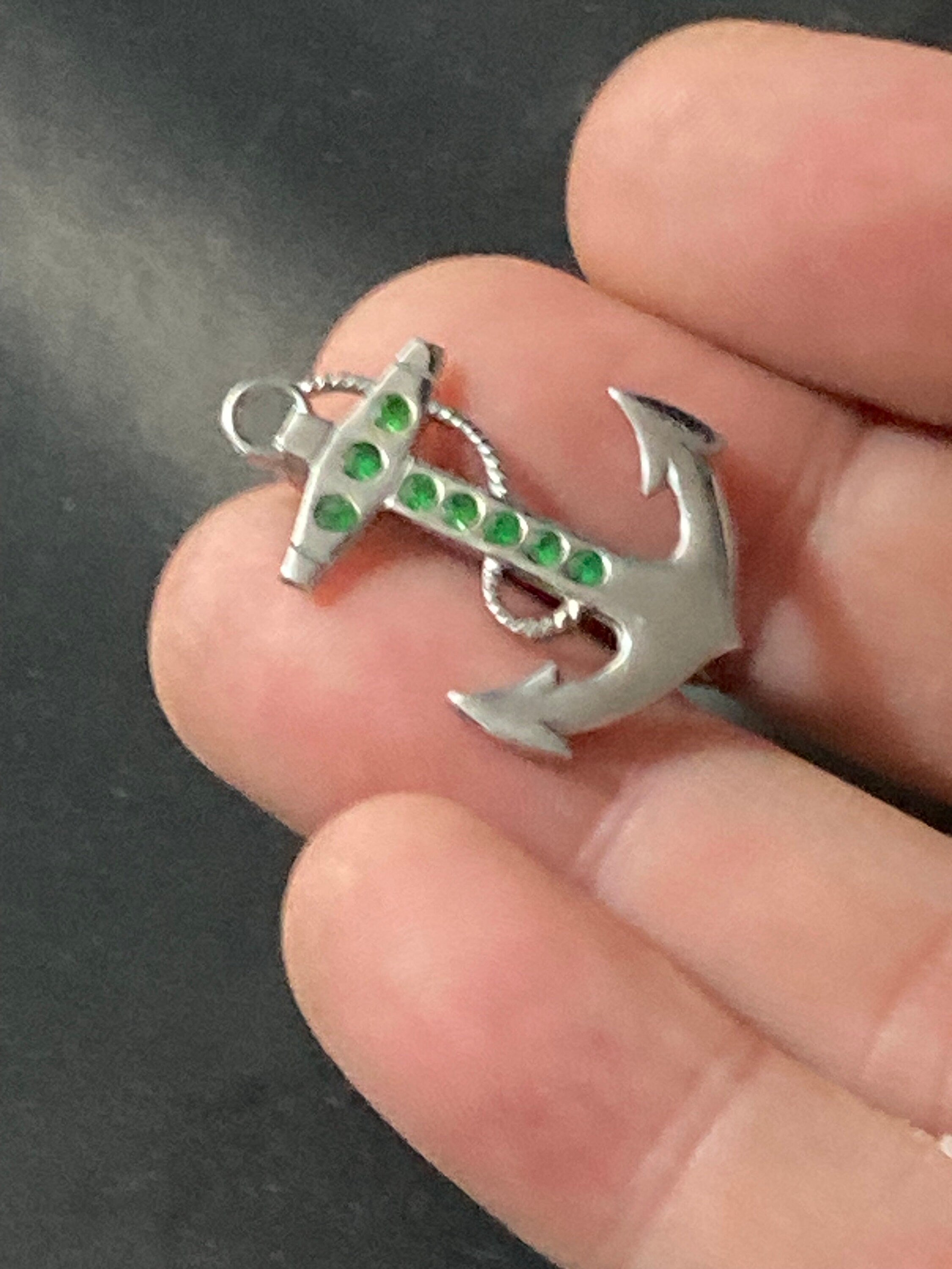 Vintage ships anchor silver tone chrome emerald green diamanté ANCHOR Brooch nautical