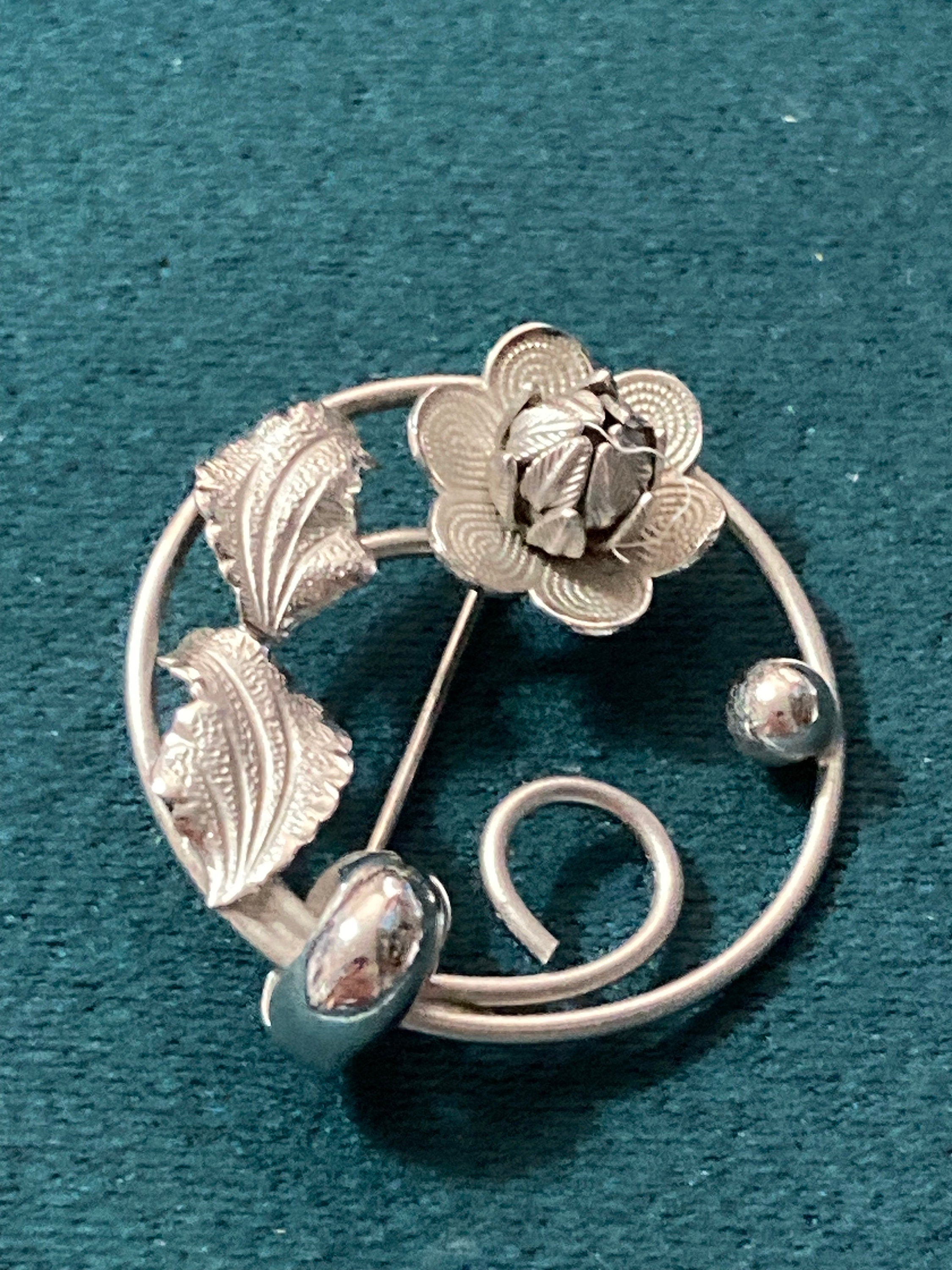 silver tone mid century modernist floral rose brooch art nouveau style