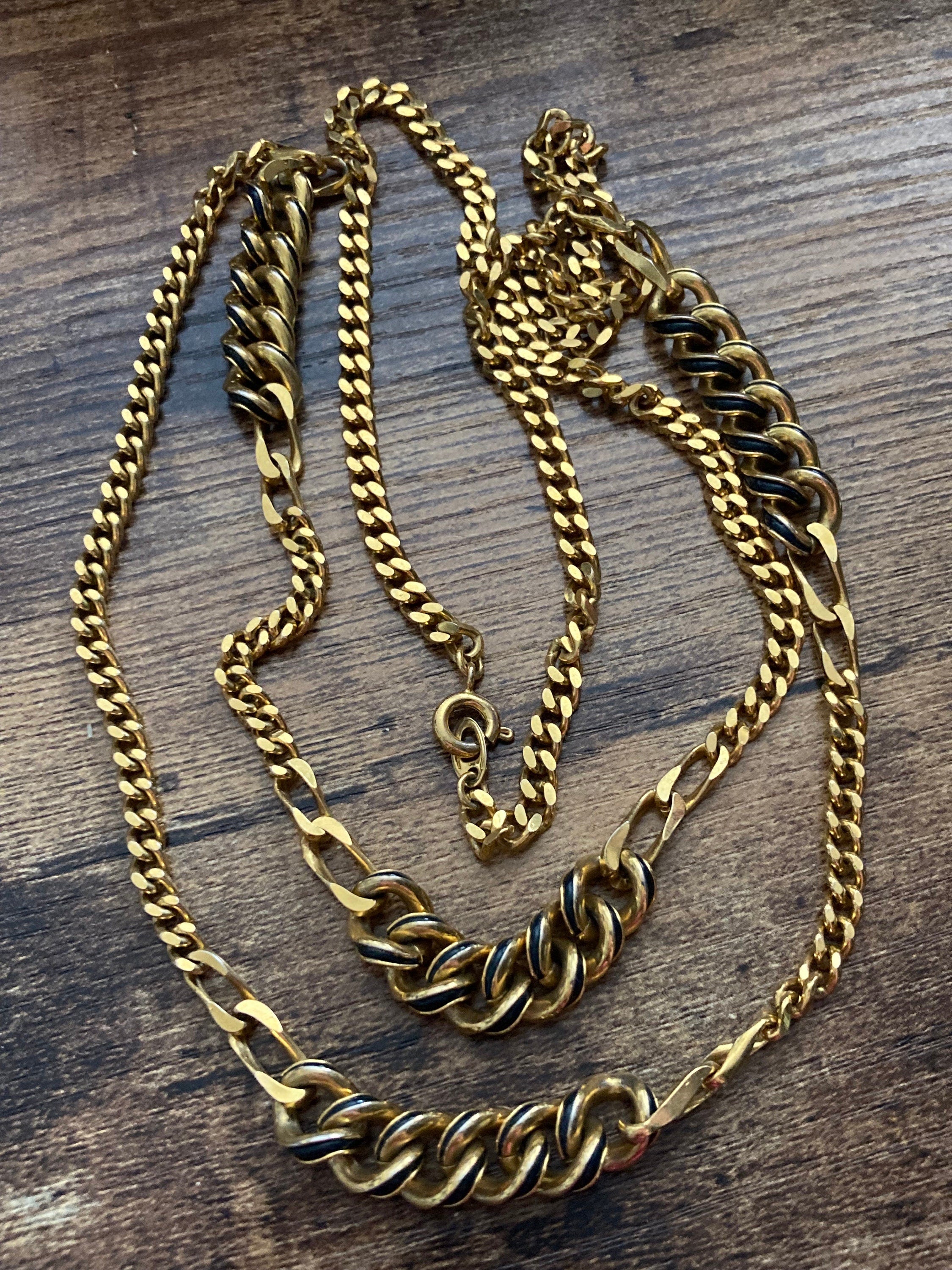 Vintage black enamel gold tone flat curb chain long station necklace high end