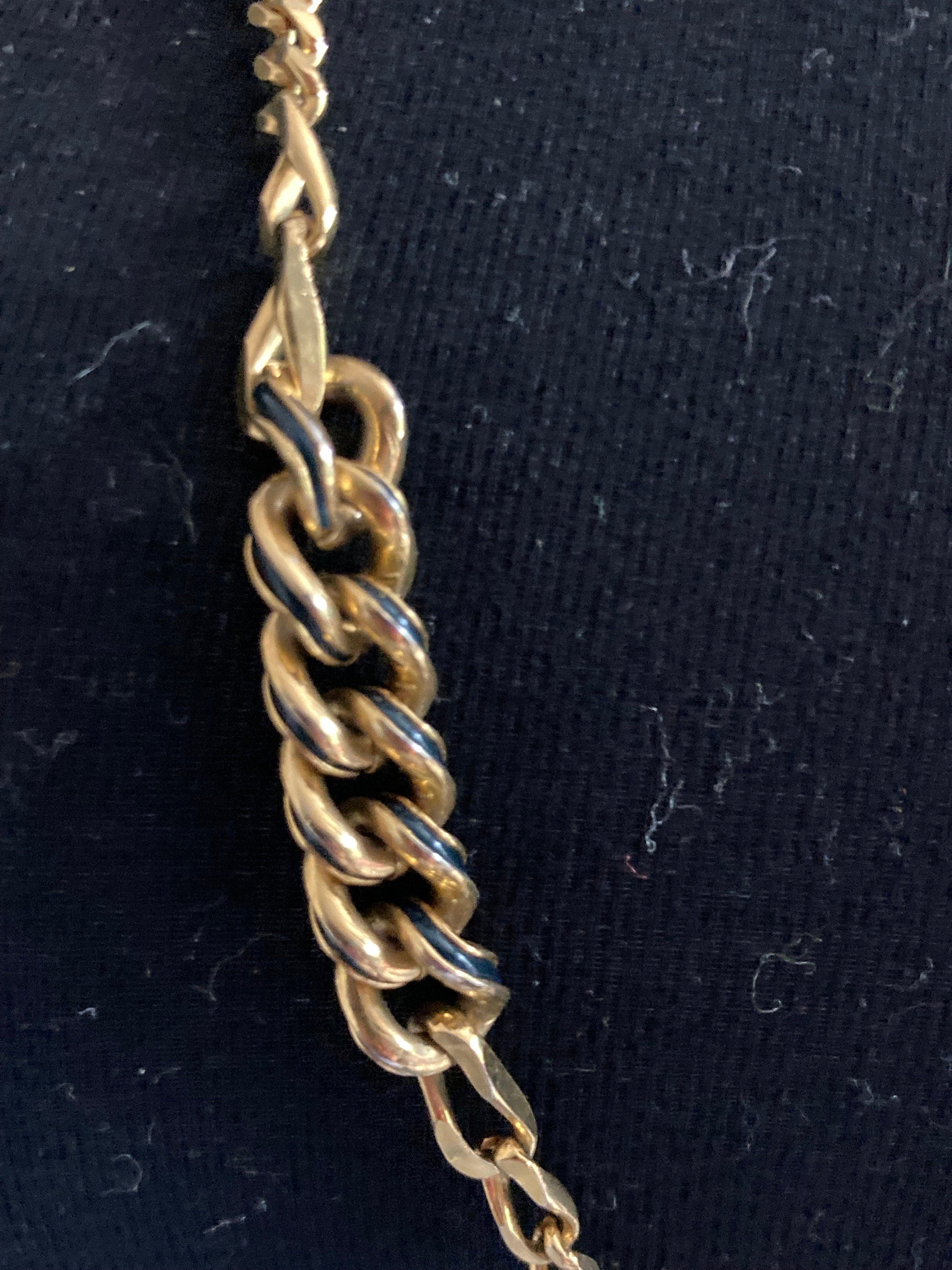 Vintage black enamel gold tone flat curb chain long station necklace high end