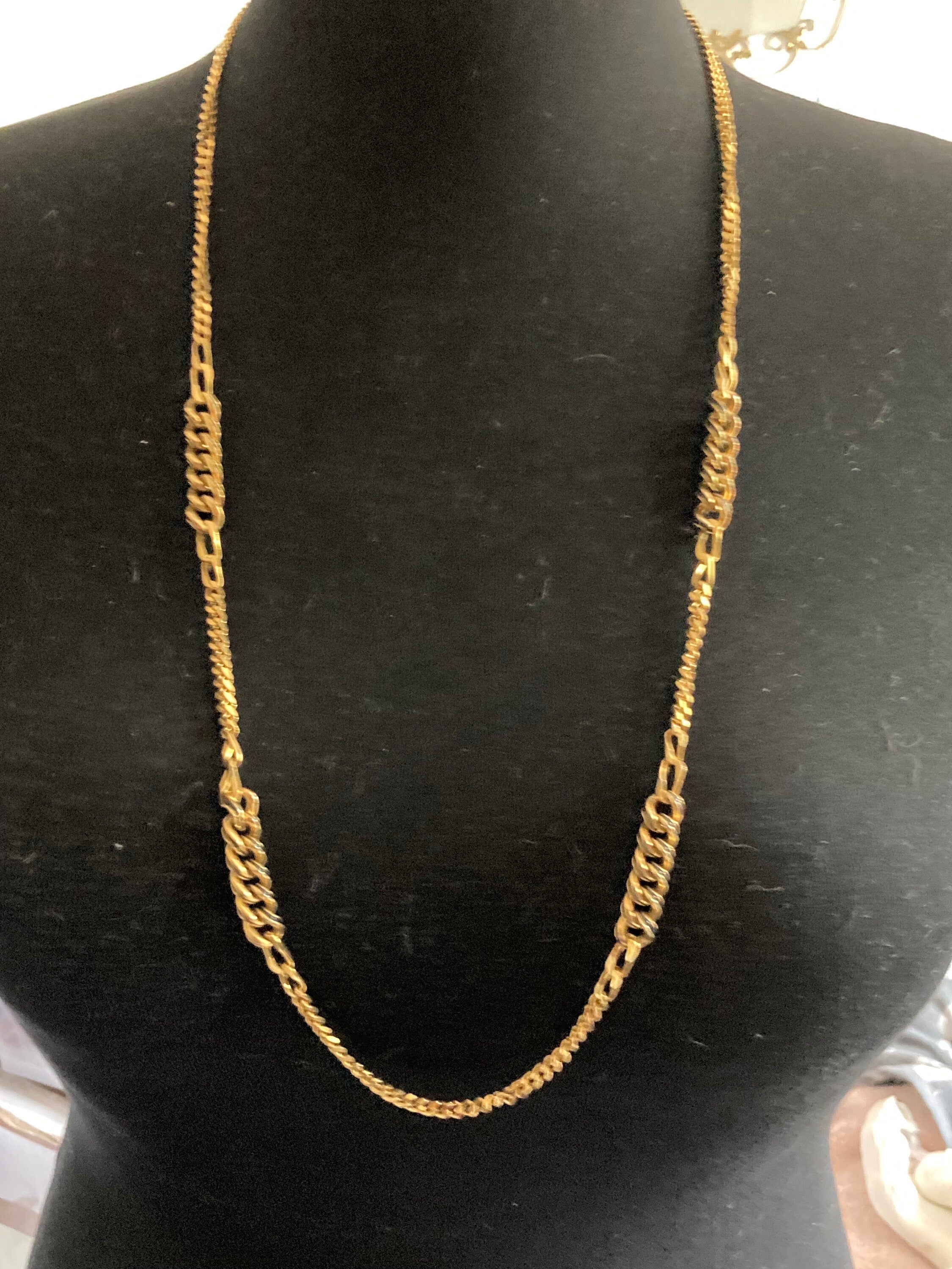 Vintage black enamel gold tone flat curb chain long station necklace high end