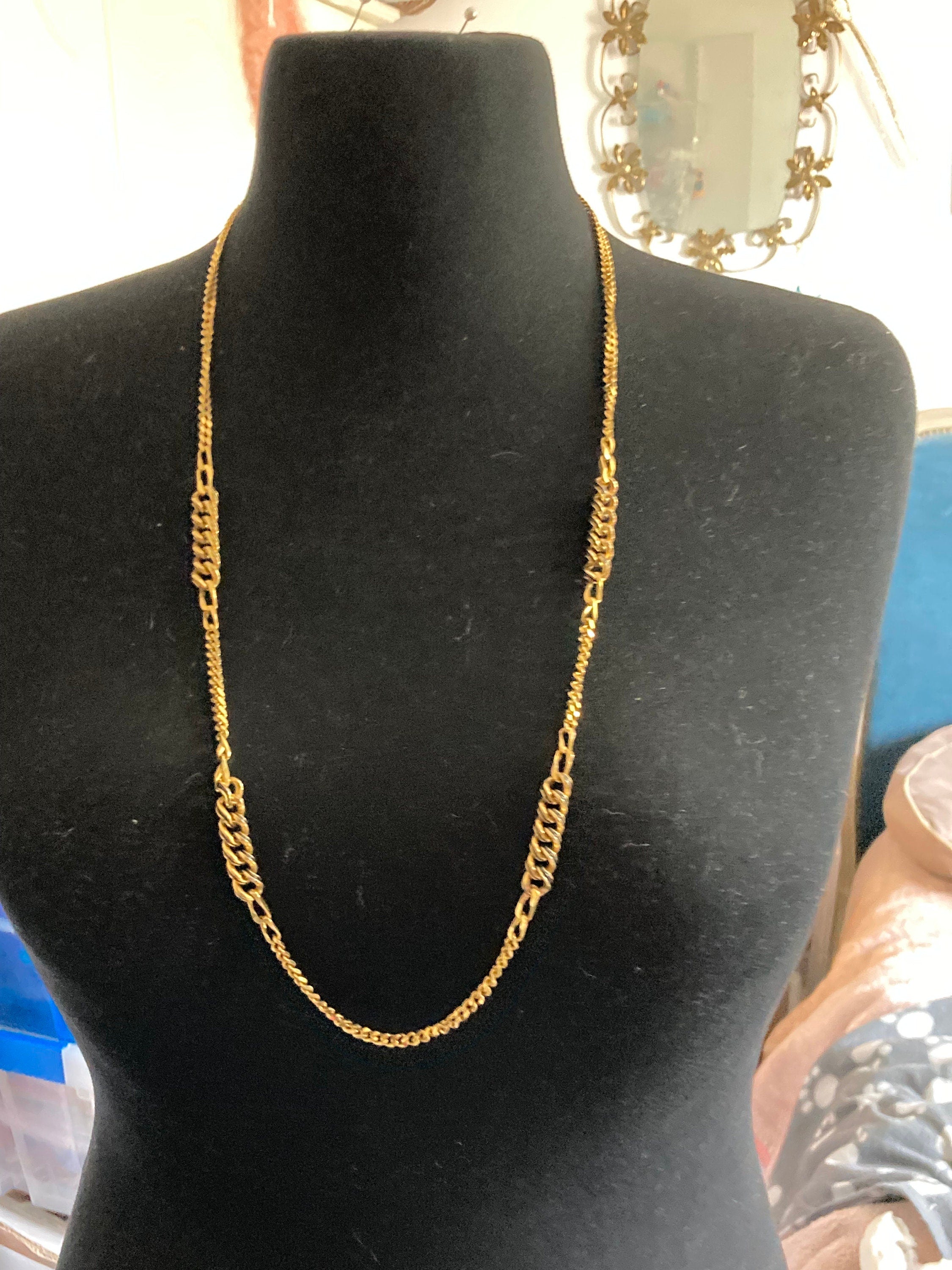 Vintage black enamel gold tone flat curb chain long station necklace high end