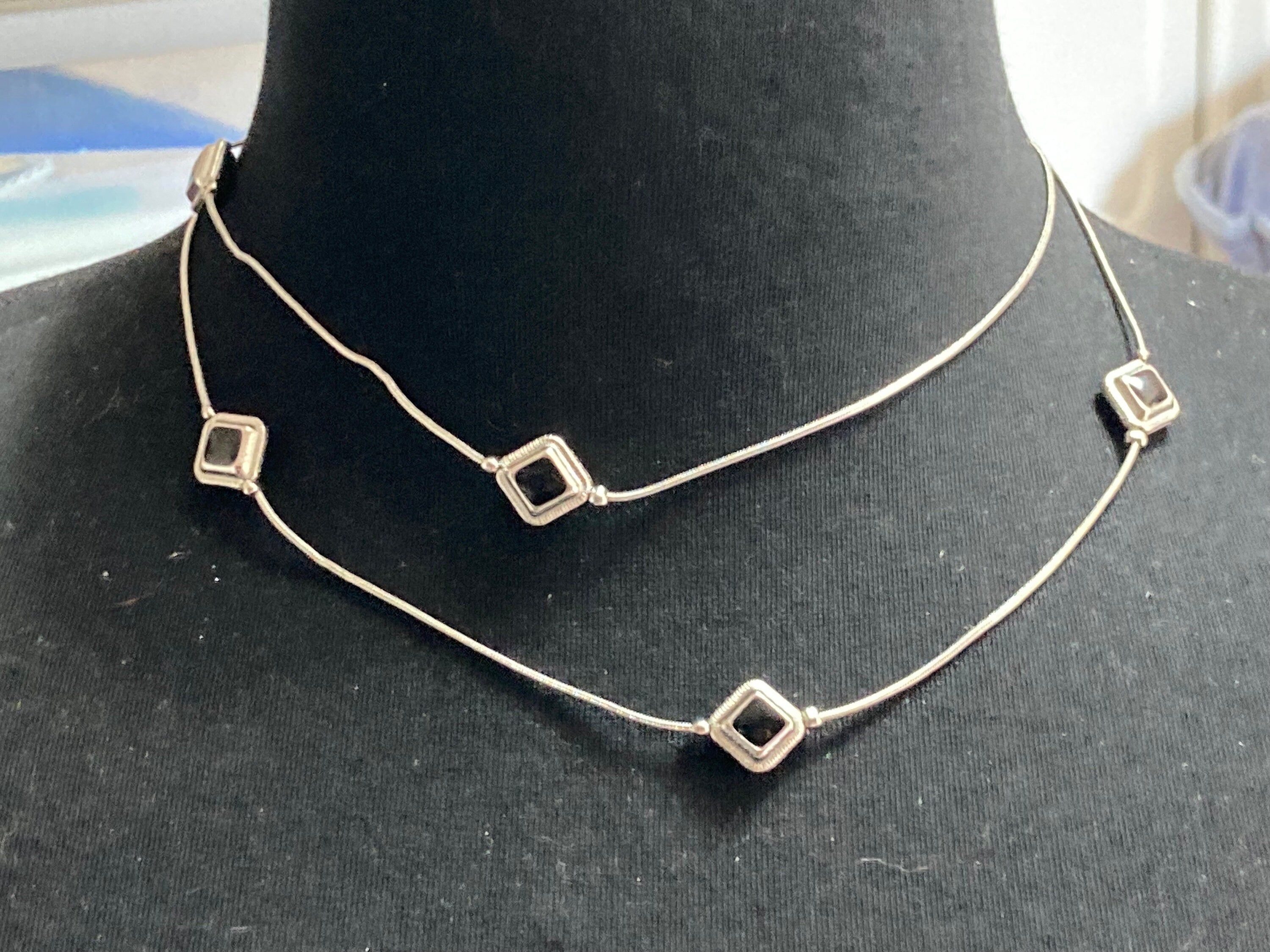 Retro silver tone black cabochon long station necklace snake chain