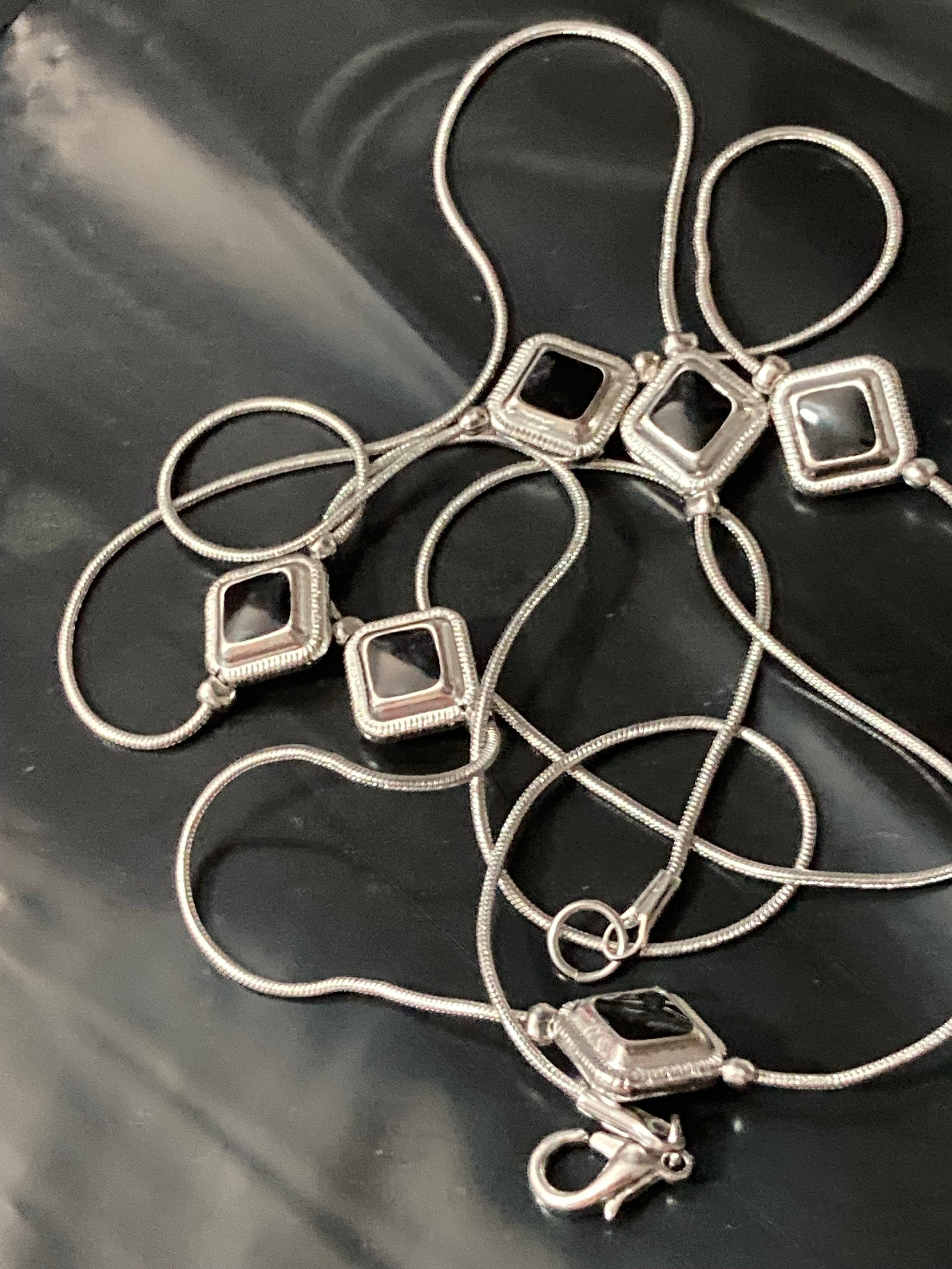 Retro silver tone black cabochon long station necklace snake chain