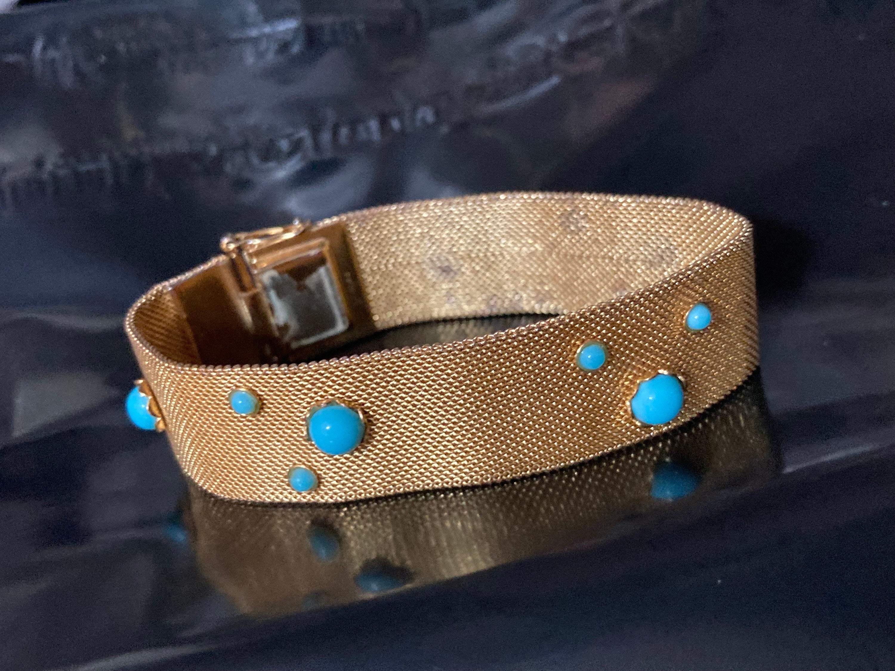 Vintage articulated flat link mesh gold tone bracelet with turquoise blue paste 17.5cm x 18mm