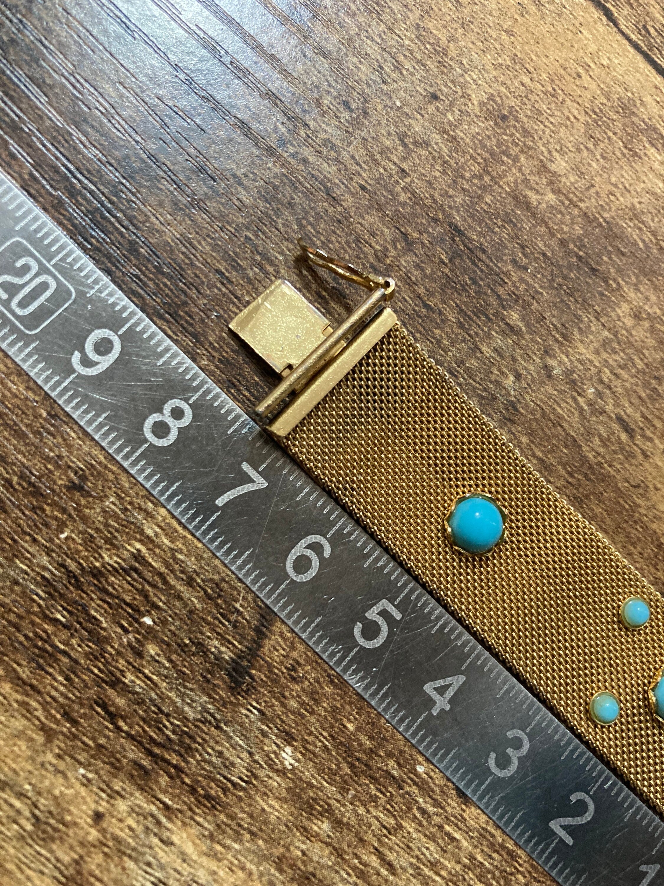 Vintage articulated flat link mesh gold tone bracelet with turquoise blue paste 17.5cm x 18mm