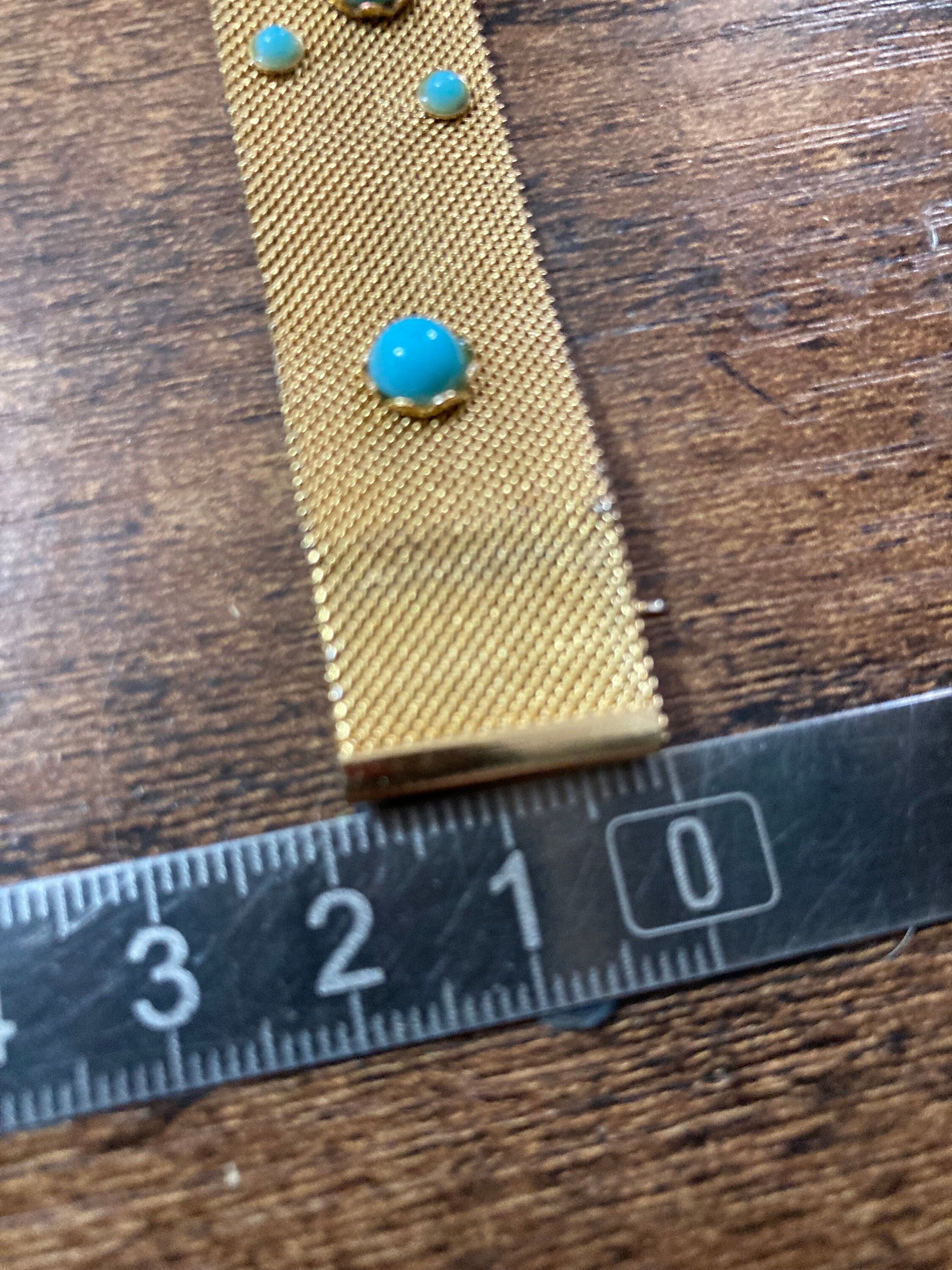 Vintage articulated flat link mesh gold tone bracelet with turquoise blue paste 17.5cm x 18mm