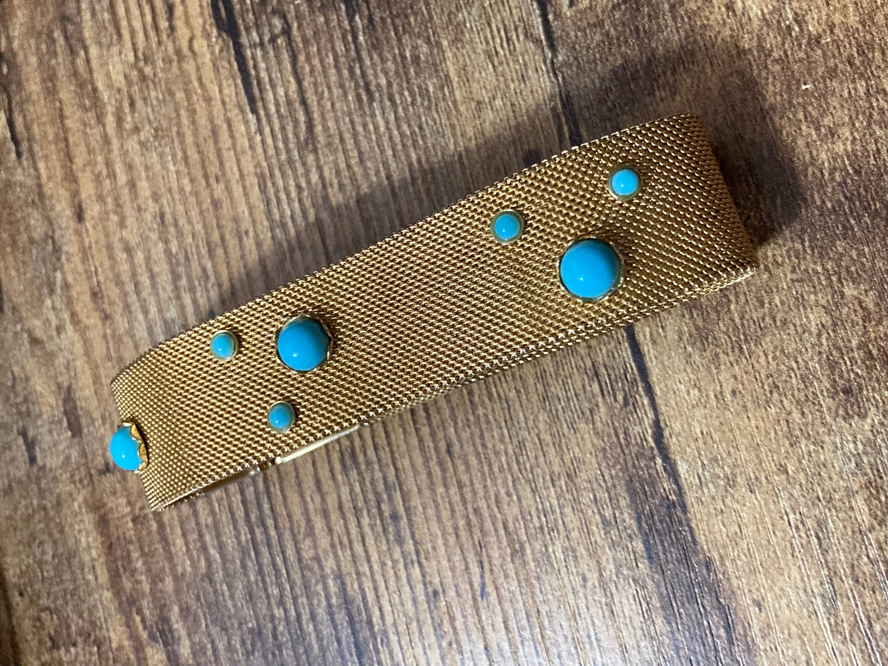 Vintage articulated flat link mesh gold tone bracelet with turquoise blue paste 17.5cm x 18mm