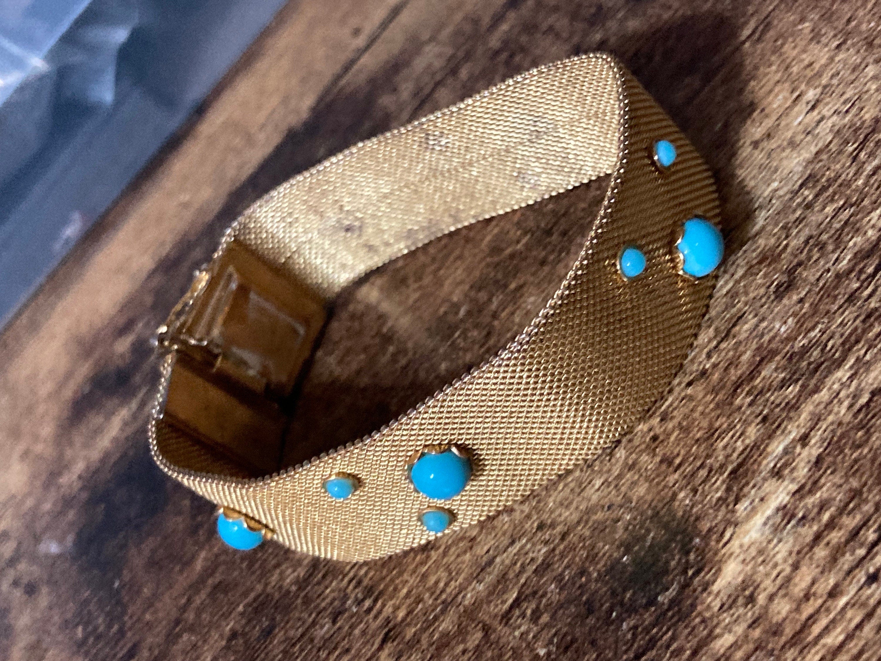 Vintage articulated flat link mesh gold tone bracelet with turquoise blue paste 17.5cm x 18mm