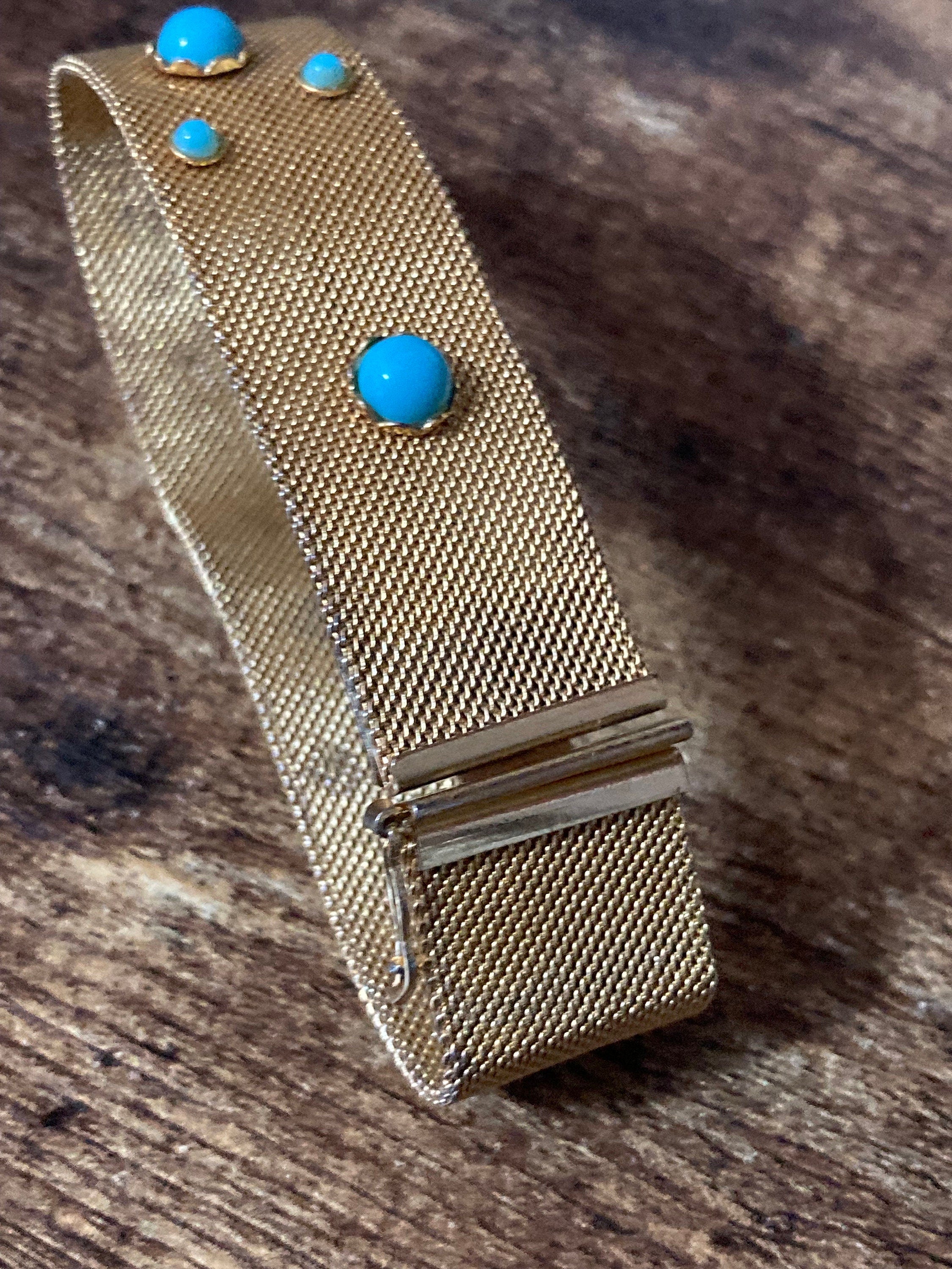Vintage articulated flat link mesh gold tone bracelet with turquoise blue paste 17.5cm x 18mm