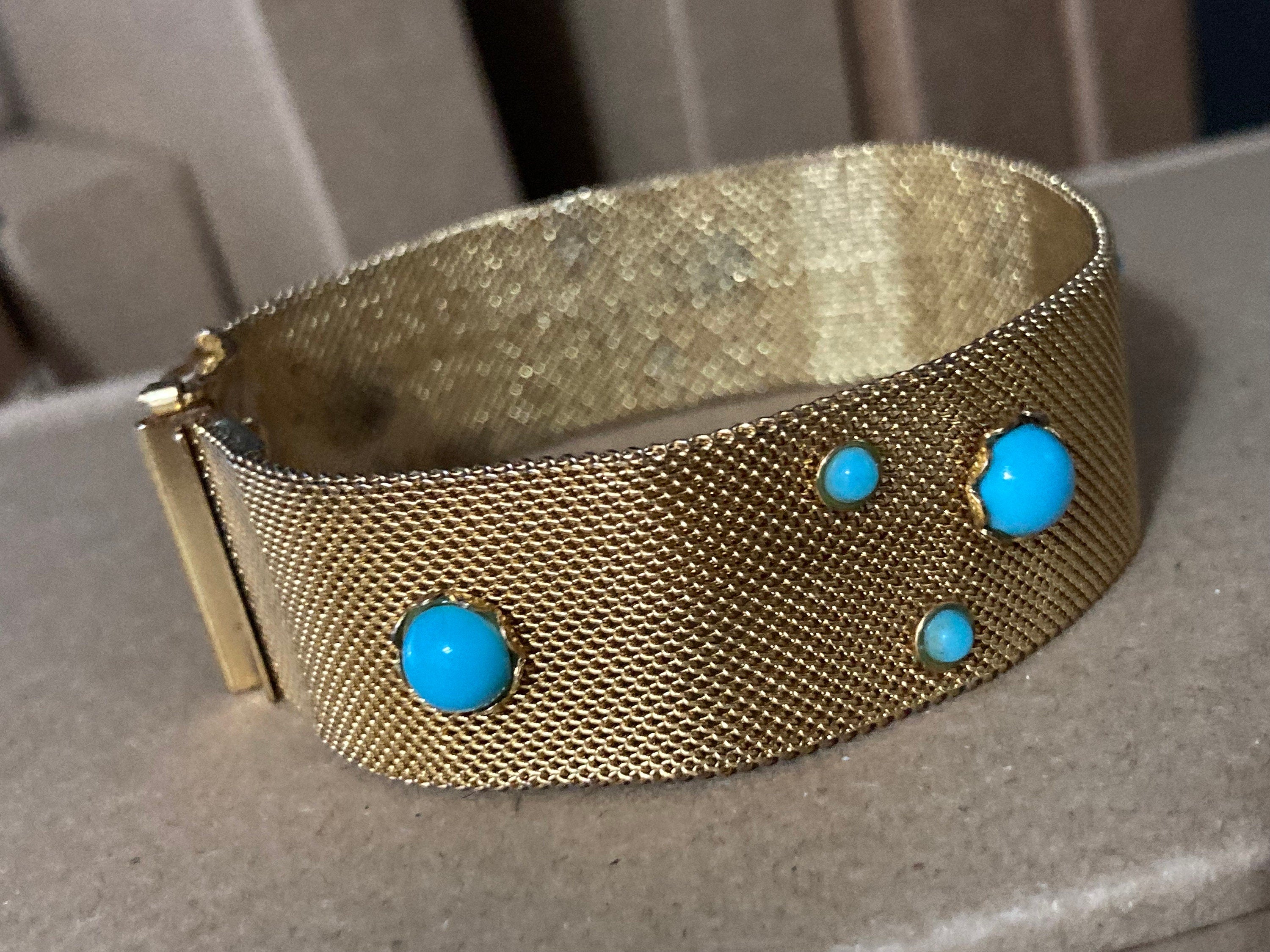 Vintage articulated flat link mesh gold tone bracelet with turquoise blue paste 17.5cm x 18mm