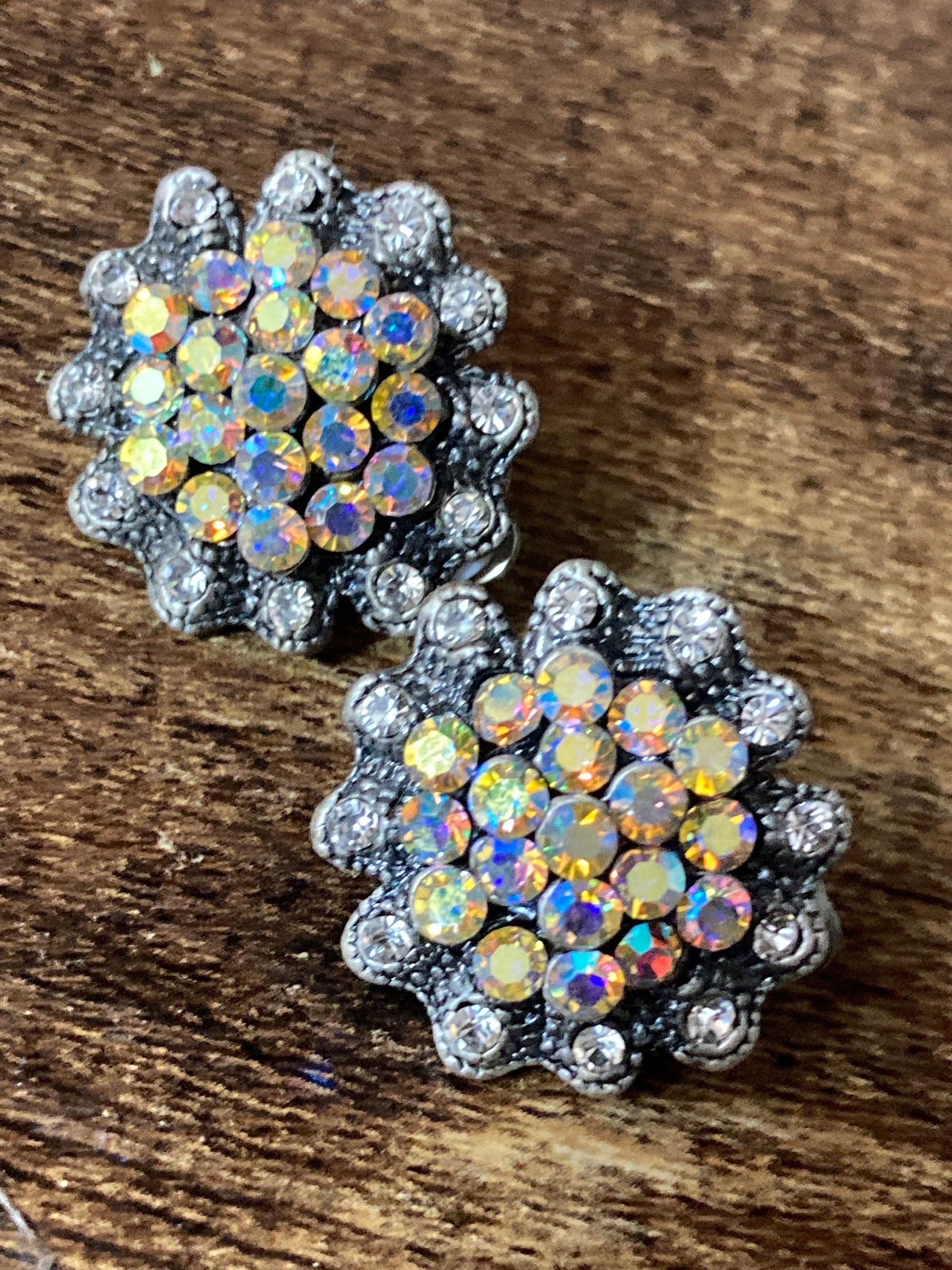 Retro rainbow AB Aurora borealis diamanté Silver Tone Clip On Earrings