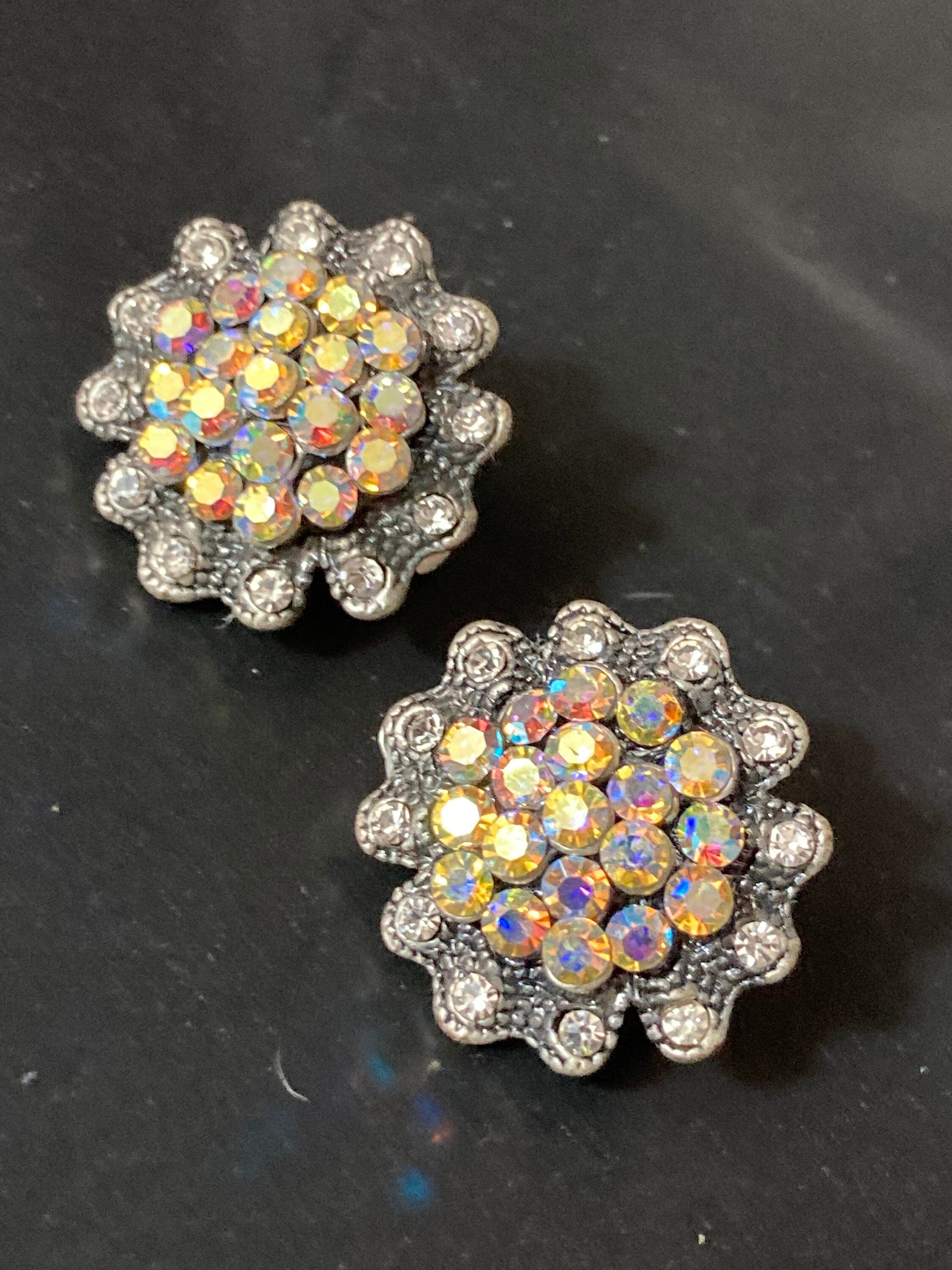 Retro rainbow AB Aurora borealis diamanté Silver Tone Clip On Earrings