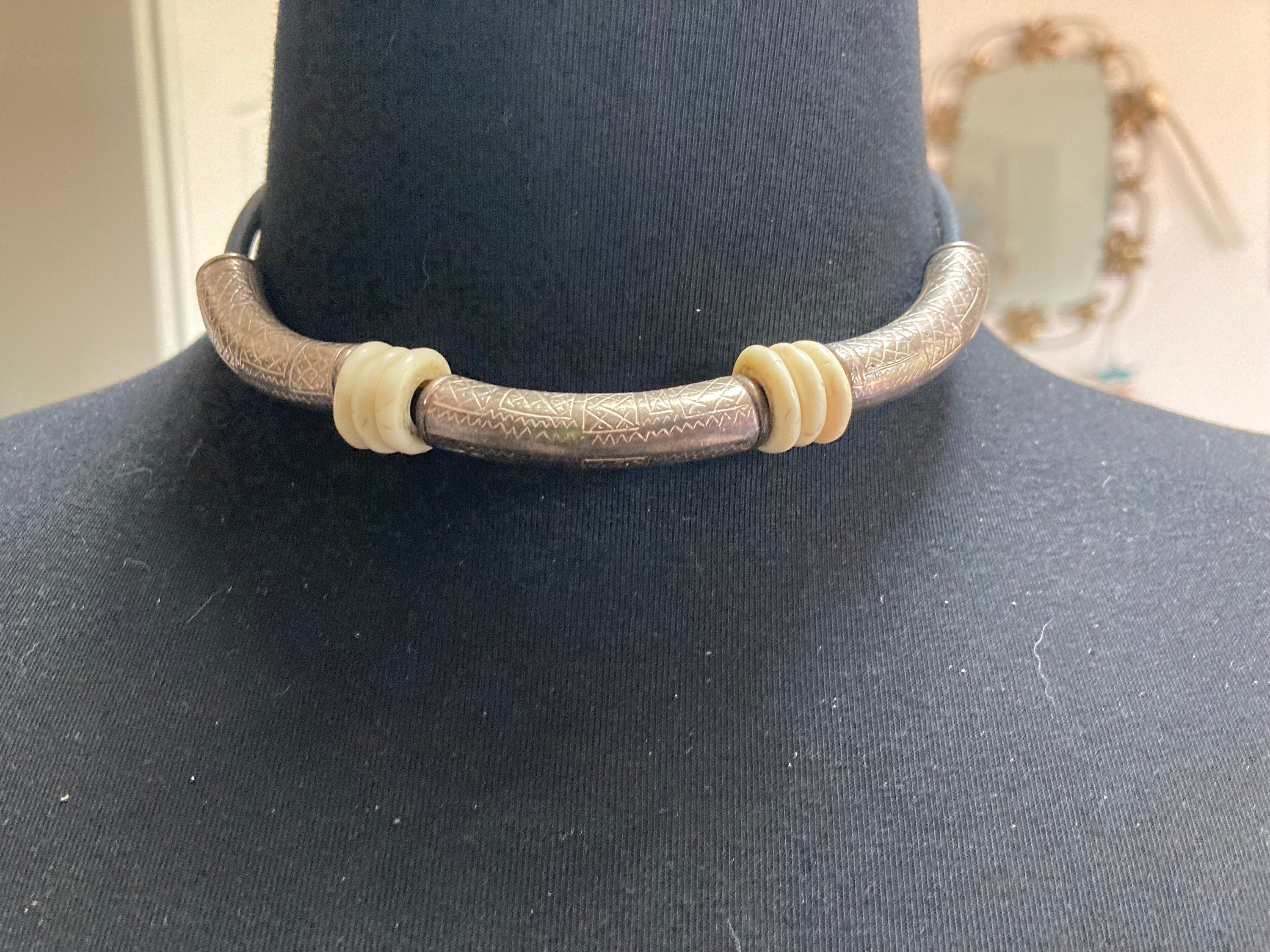 Signed designer UBU PARIS black leather necklace with ornate etched silver tubing  Etruscan style