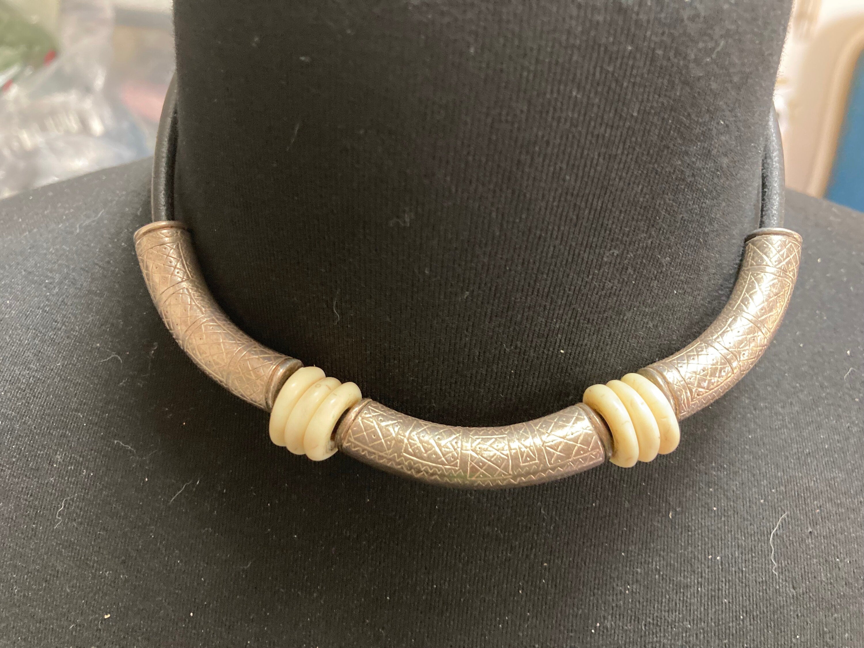 Signed designer UBU PARIS black leather necklace with ornate etched silver tubing  Etruscan style