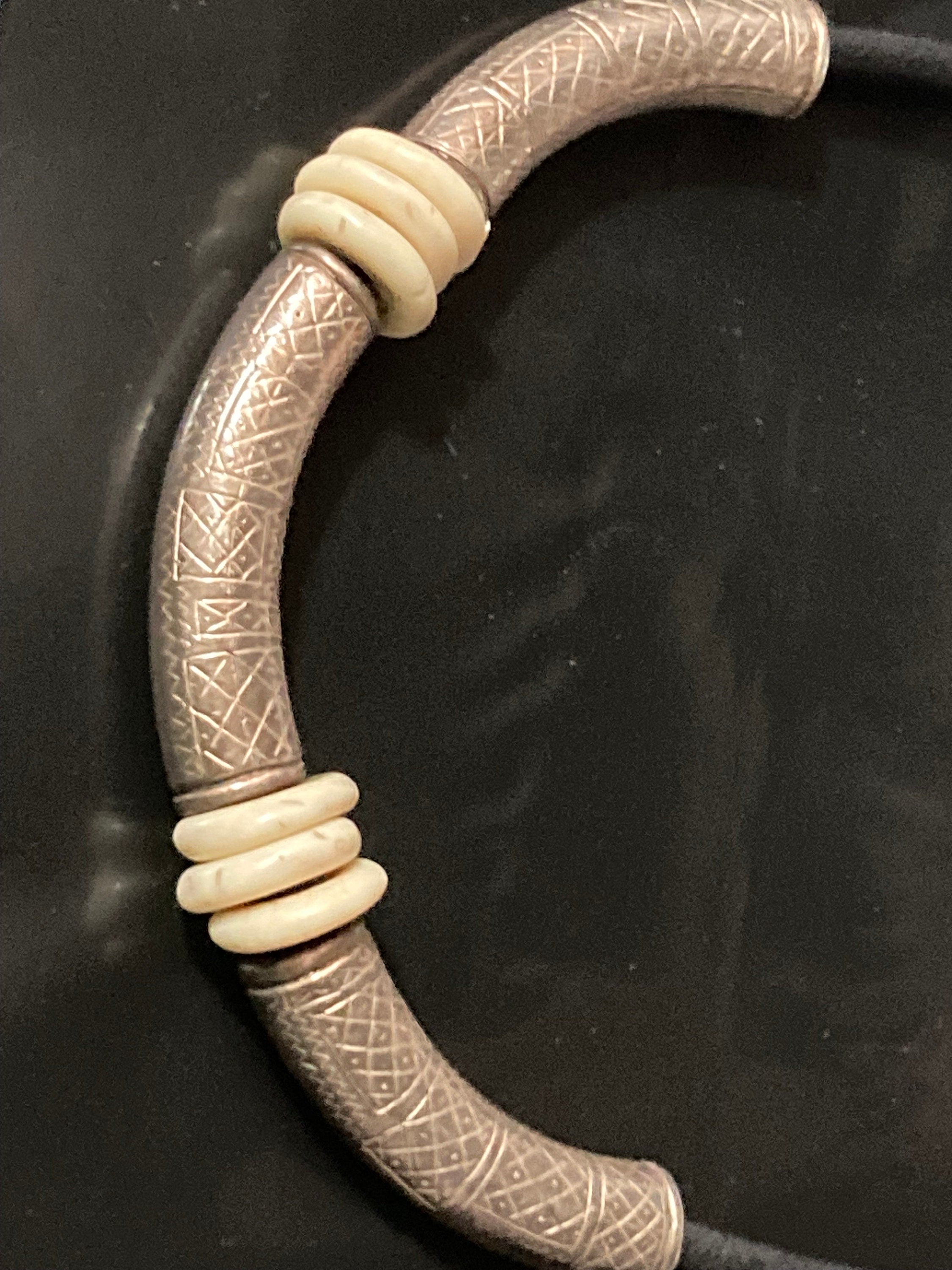 Signed designer UBU PARIS black leather necklace with ornate etched silver tubing  Etruscan style