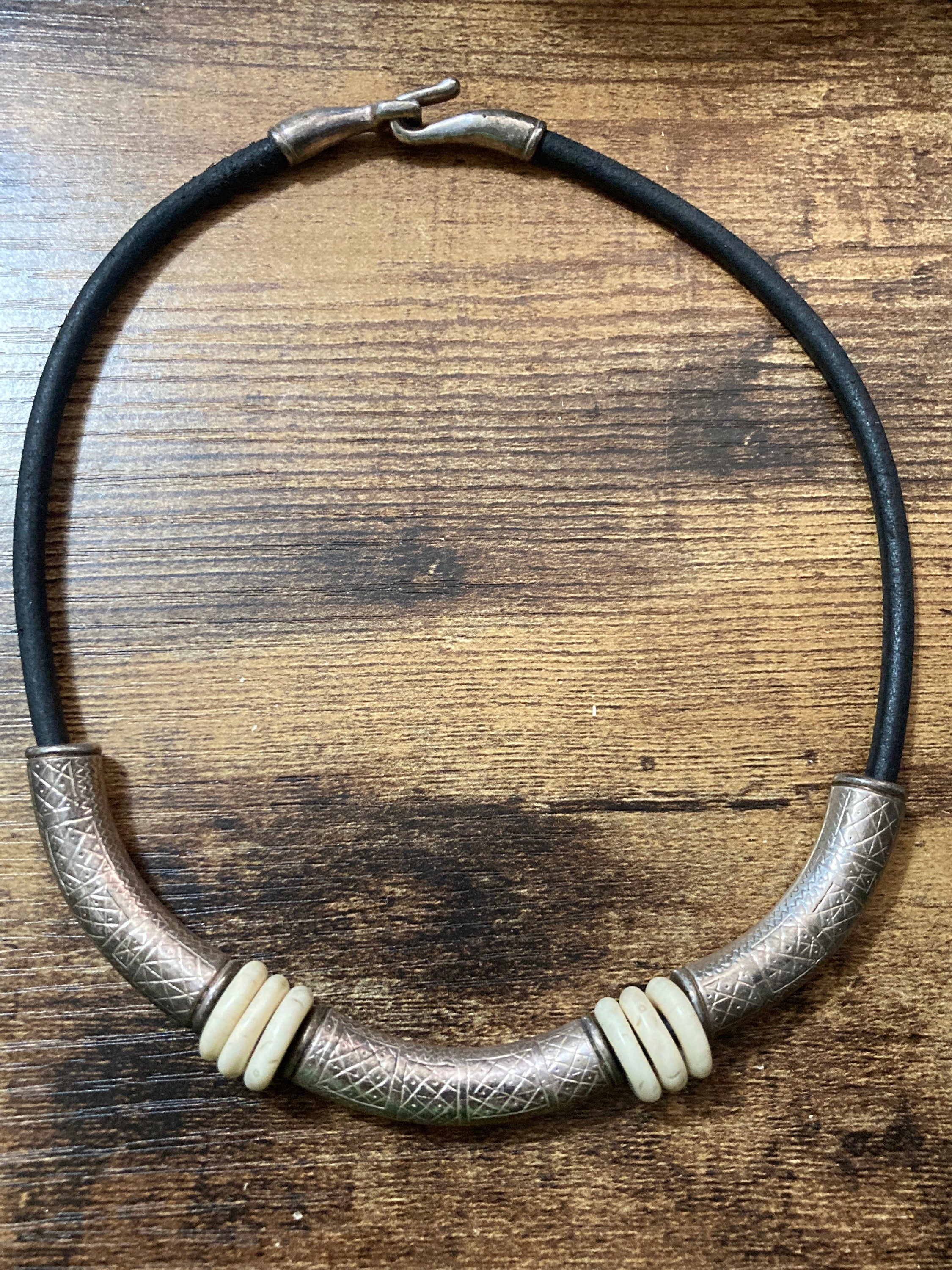 Signed designer UBU PARIS black leather necklace with ornate etched silver tubing  Etruscan style
