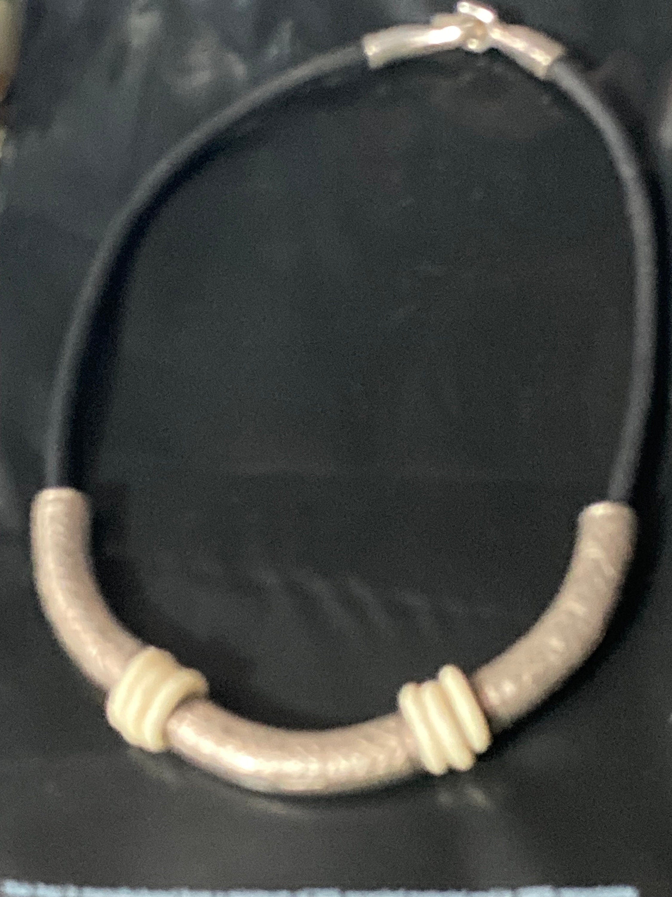 Signed designer UBU PARIS black leather necklace with ornate etched silver tubing  Etruscan style
