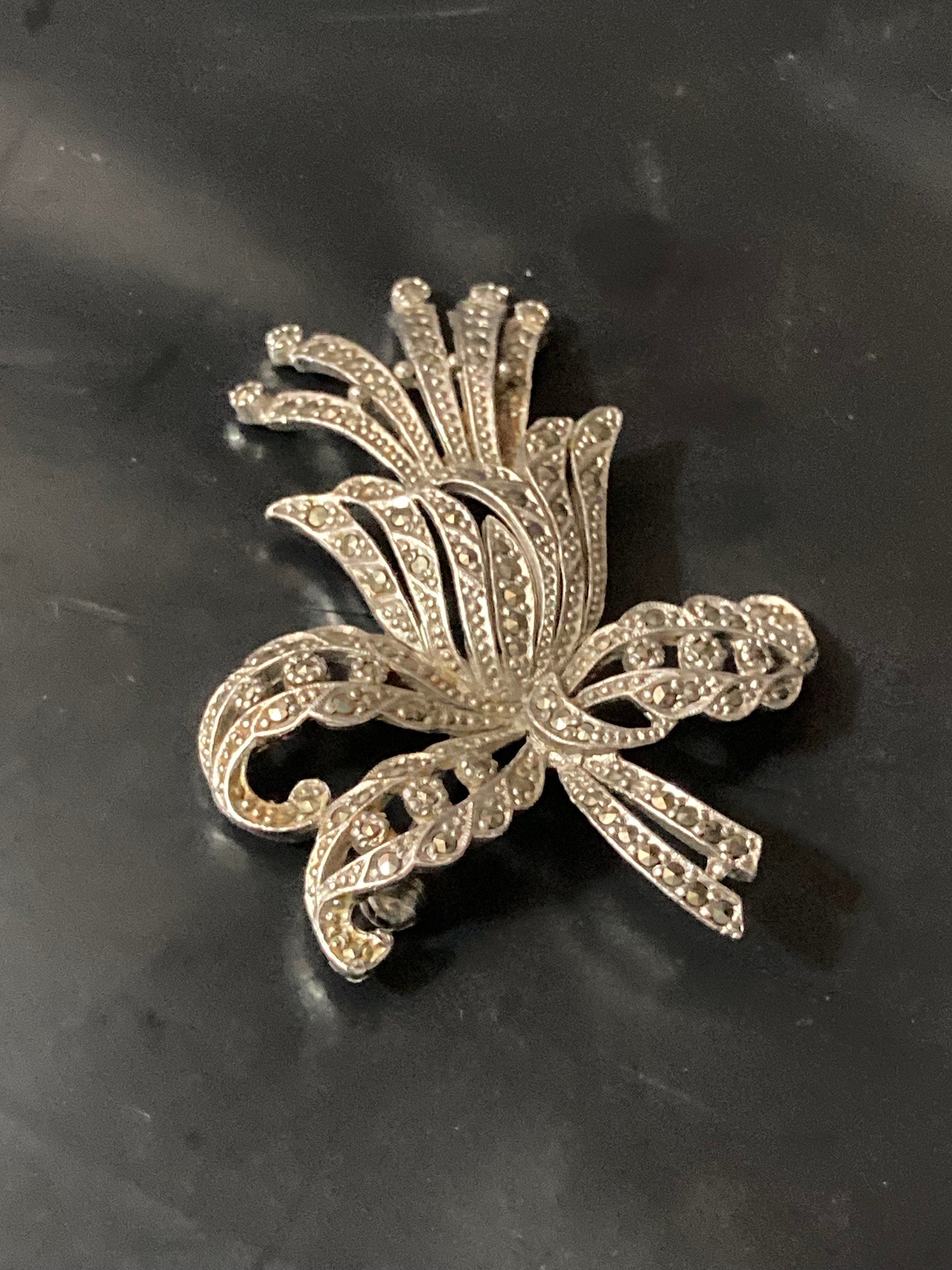 Vintage Mid century Marcasite Chrome Backed Floral bouquet flower Brooch