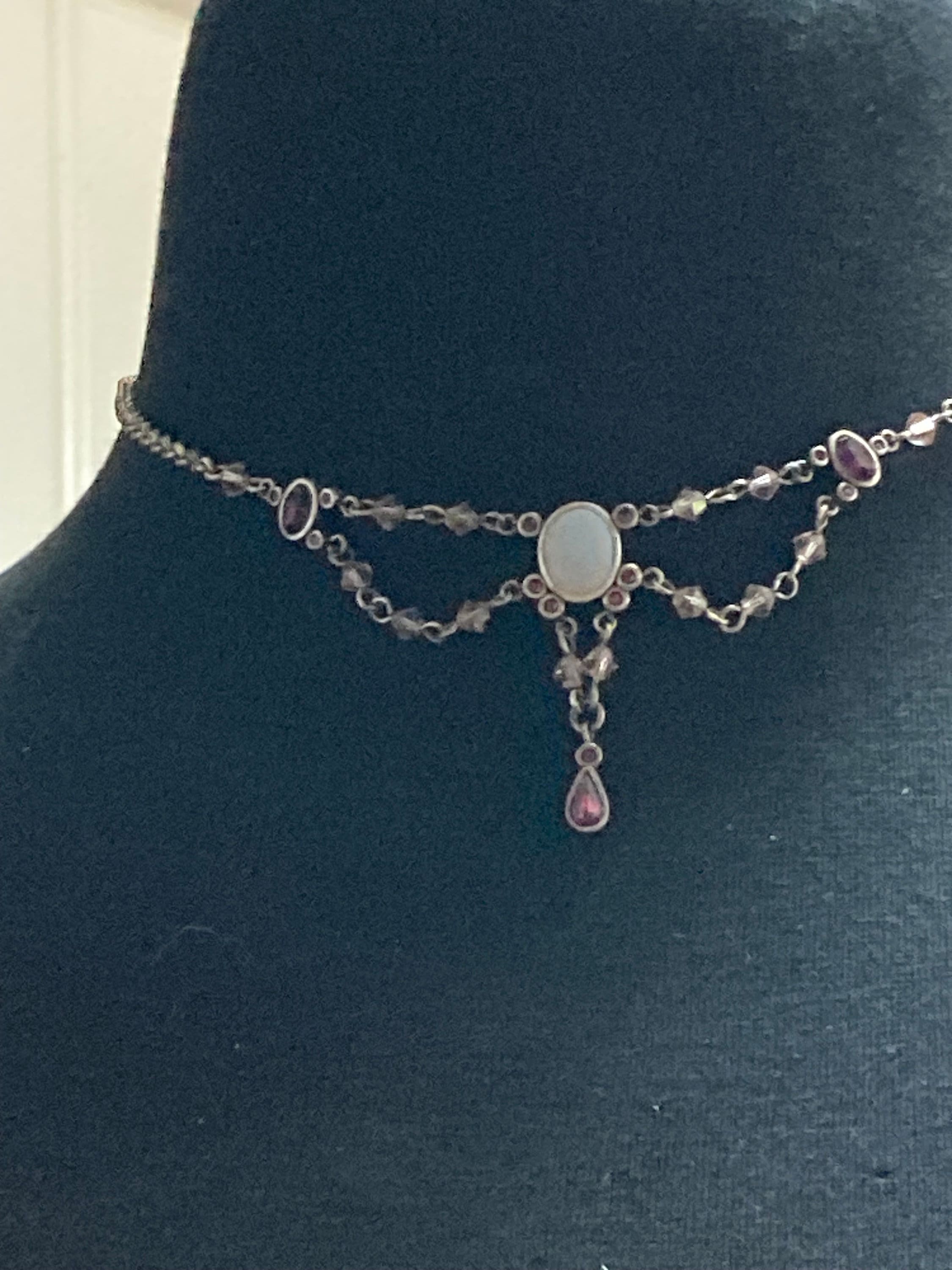 Signed AGATHA PARIS silver tone Latinate drop chain necklace with pink purple diamanté