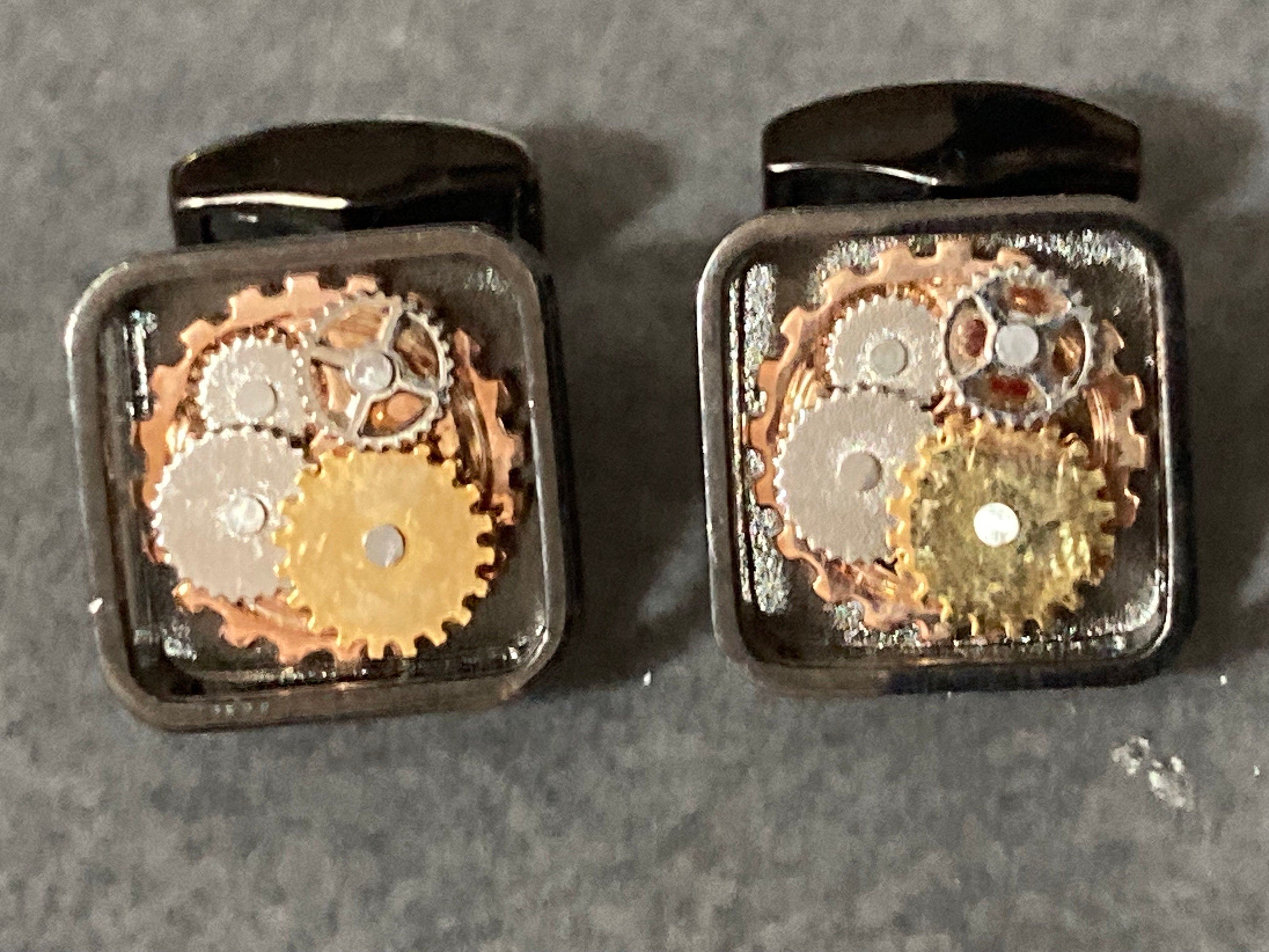 Designer RTT London Tateossion modernist square cufflinks dark grey gunmetal silver tone retro watch parts cogs steampunk