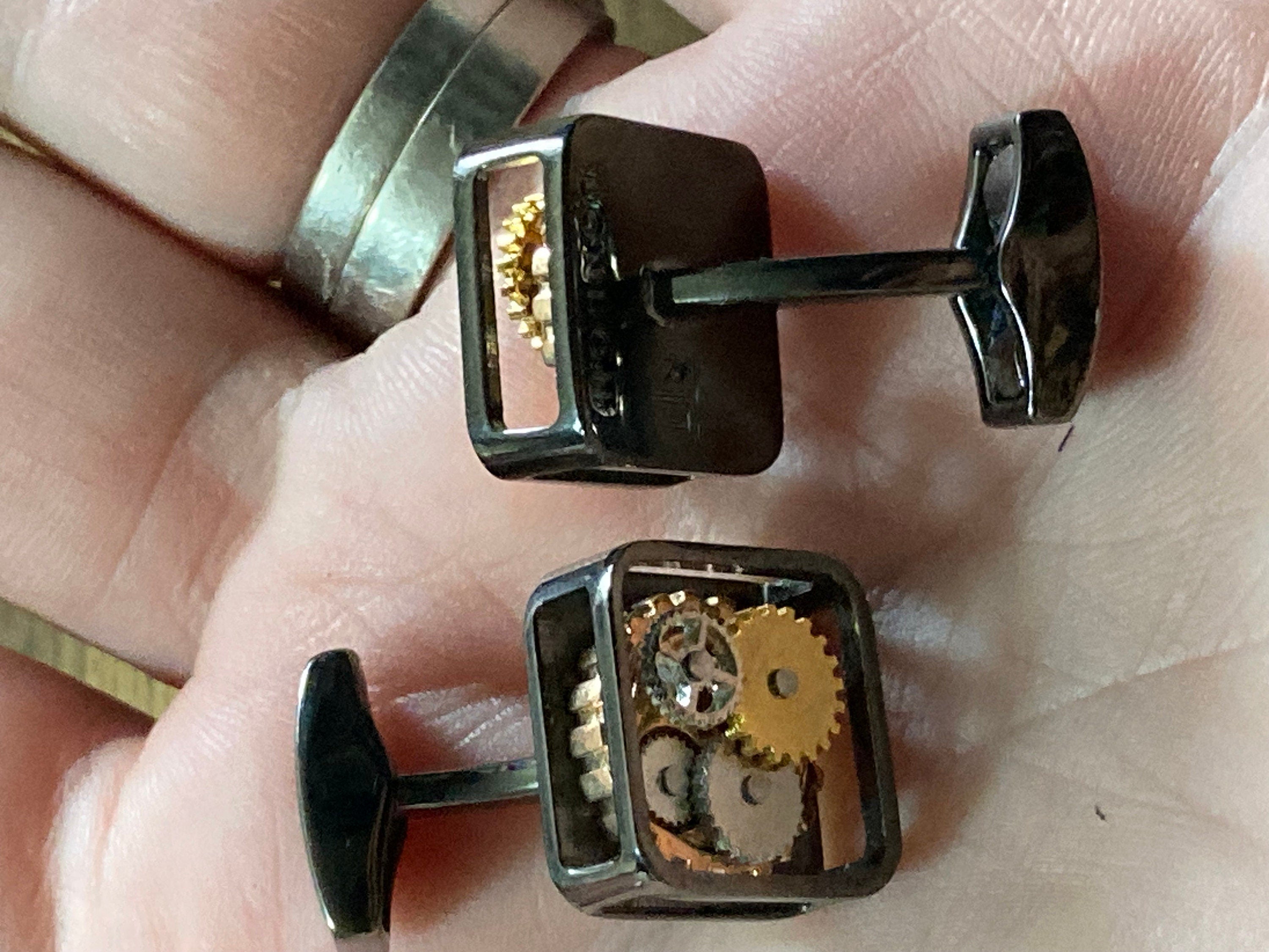 Designer RTT London Tateossion modernist square cufflinks dark grey gunmetal silver tone retro watch parts cogs steampunk