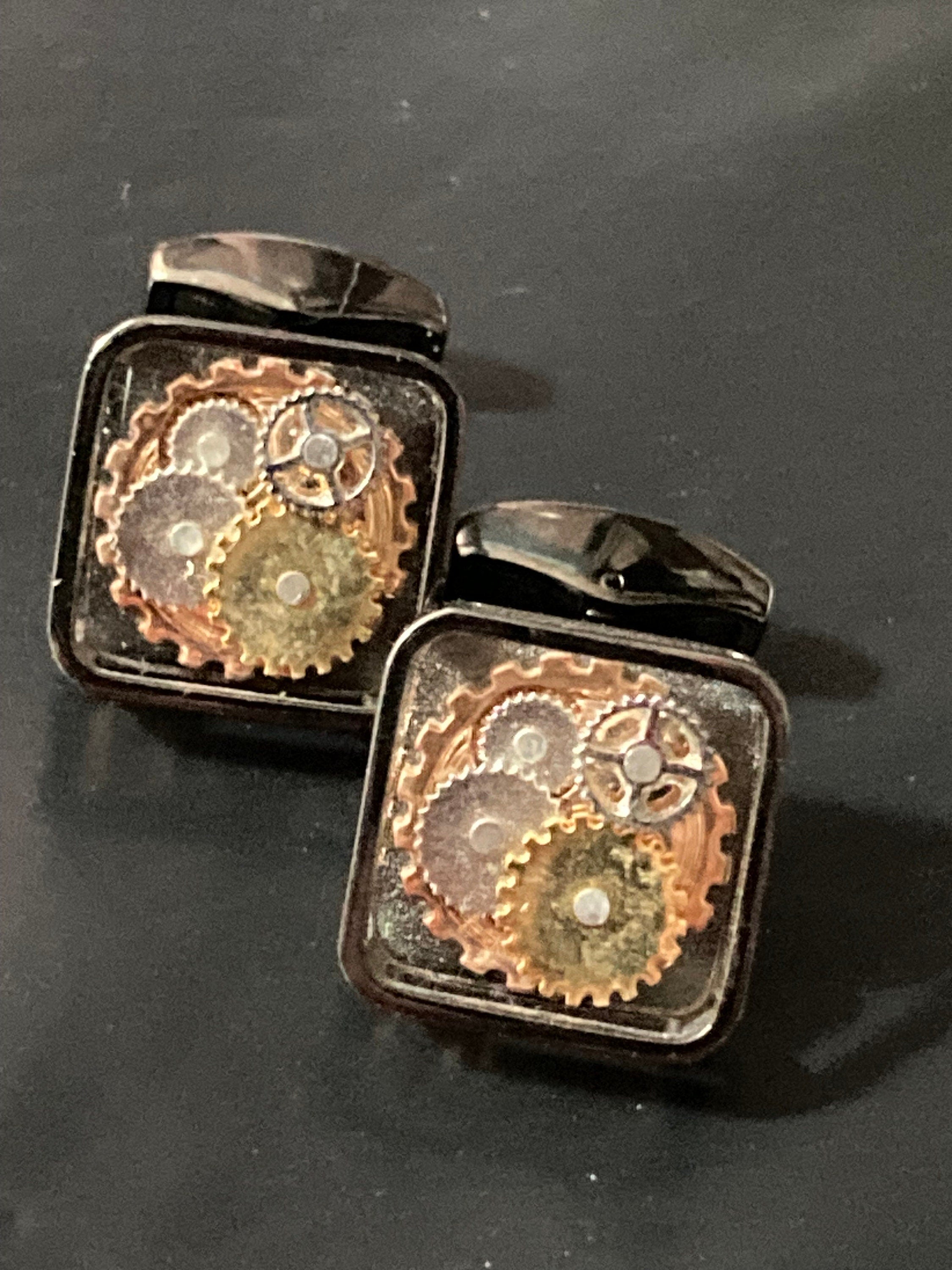 Designer RTT London Tateossion modernist square cufflinks dark grey gunmetal silver tone retro watch parts cogs steampunk