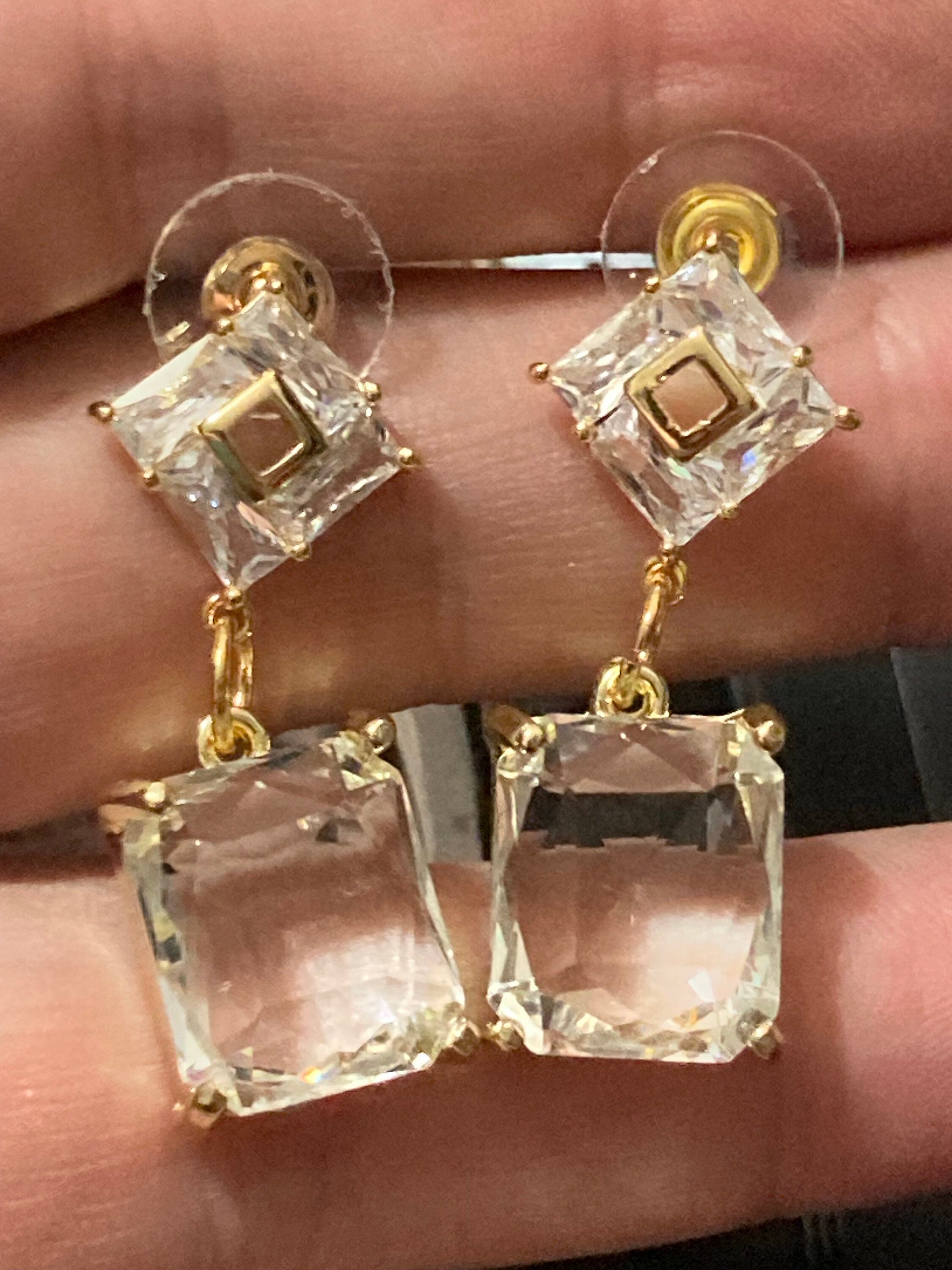 18k Gold plated faceted crystal glass diamanté rectangular drop earrings