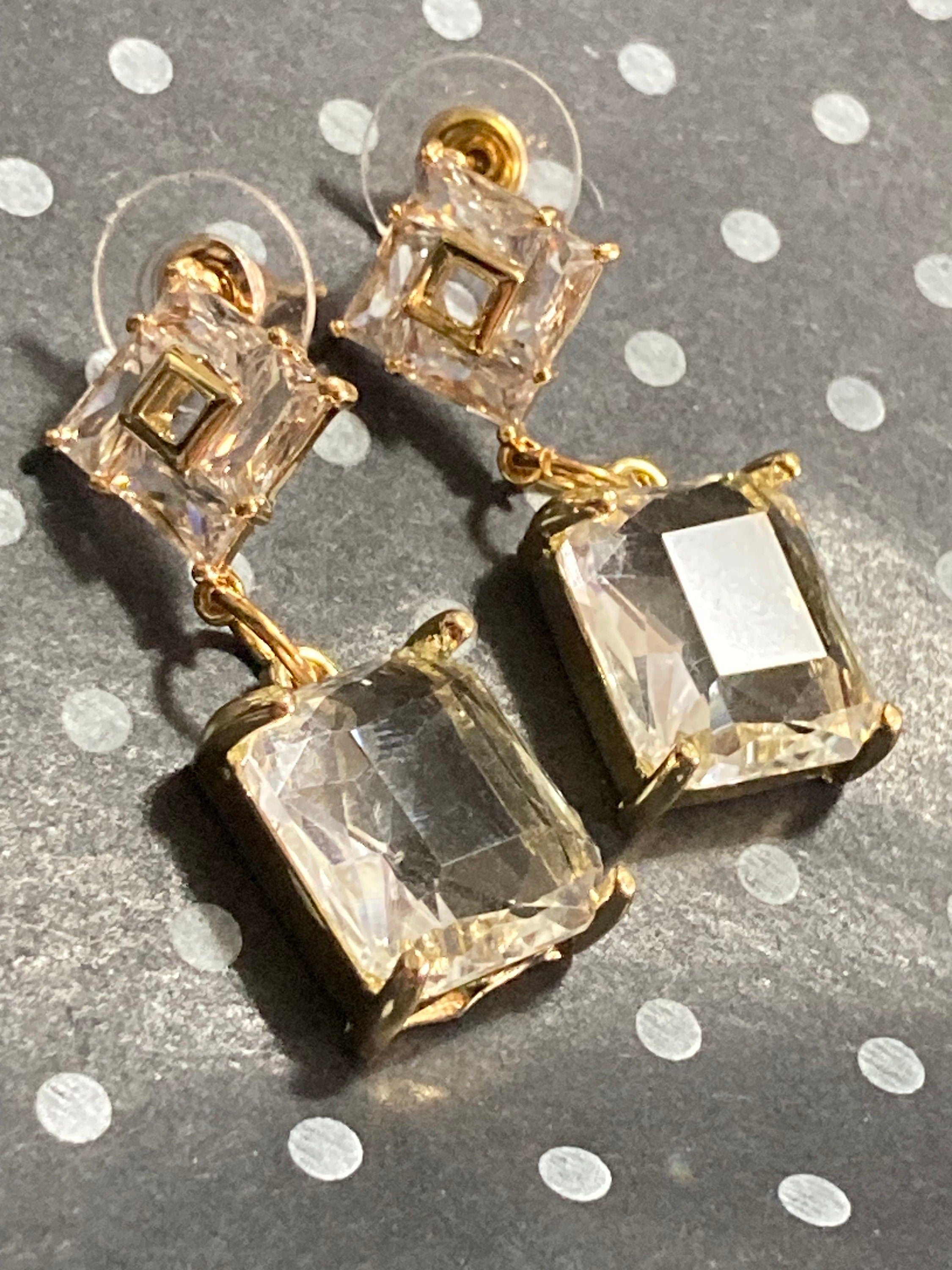 18k Gold plated faceted crystal glass diamanté rectangular drop earrings