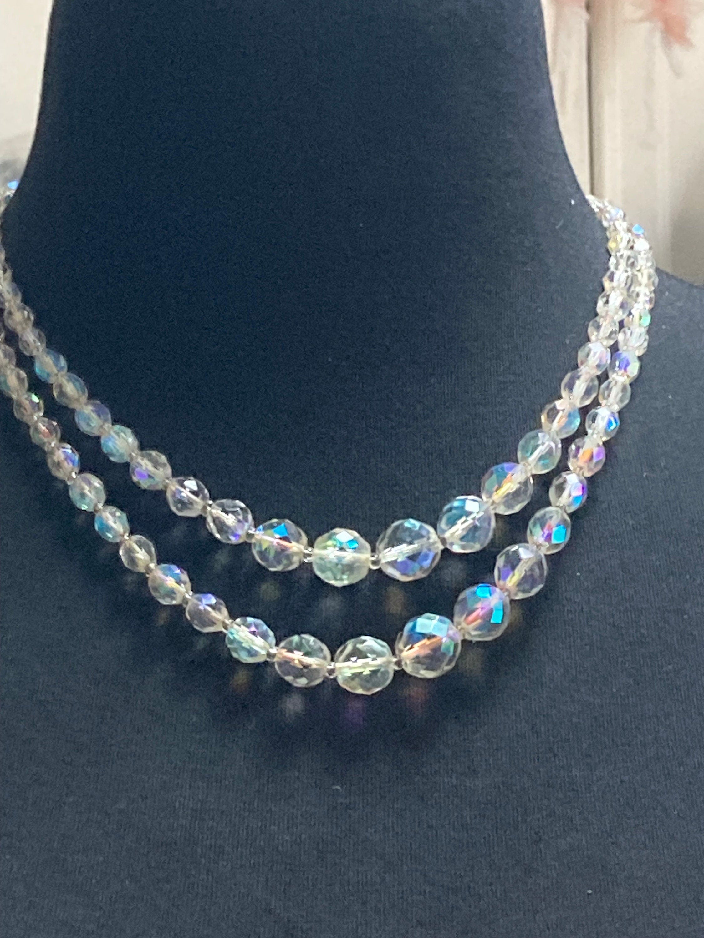 Vintage 1950s AB Aurora Borealis glass 2 row knotted bead clear crystal necklace turquoise cabochon clasp