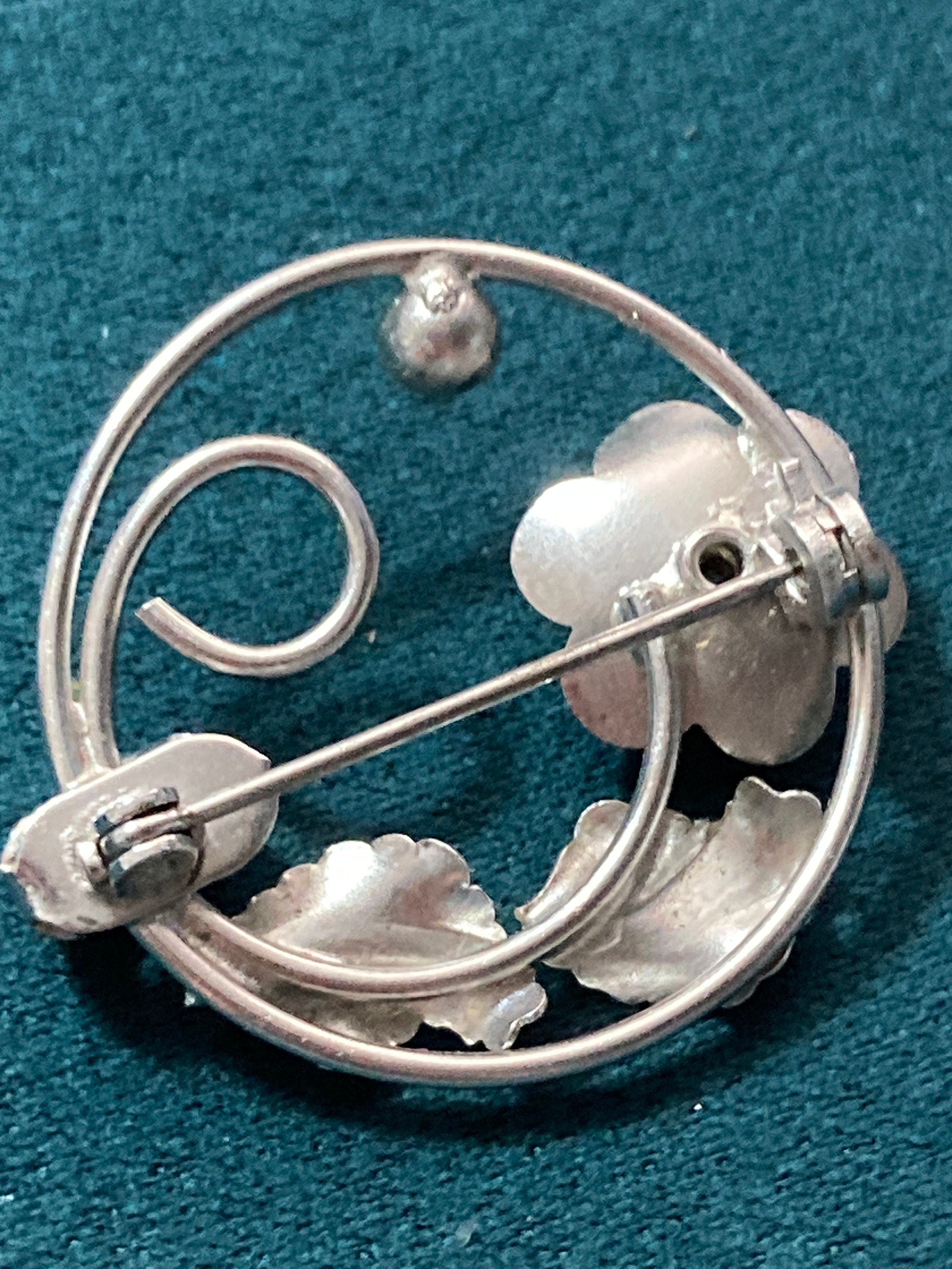 silver tone mid century modernist floral rose brooch art nouveau style